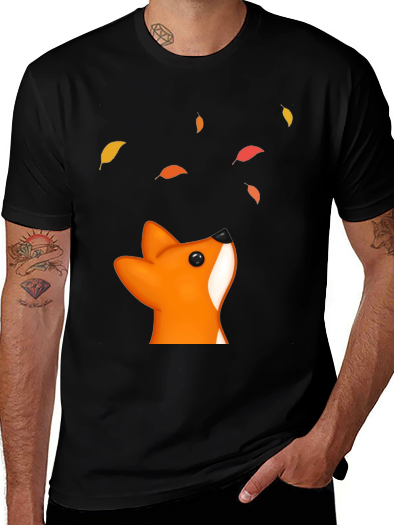 Variant 30 of Fox & Falling Leaves Graphic T-Shirt - Black