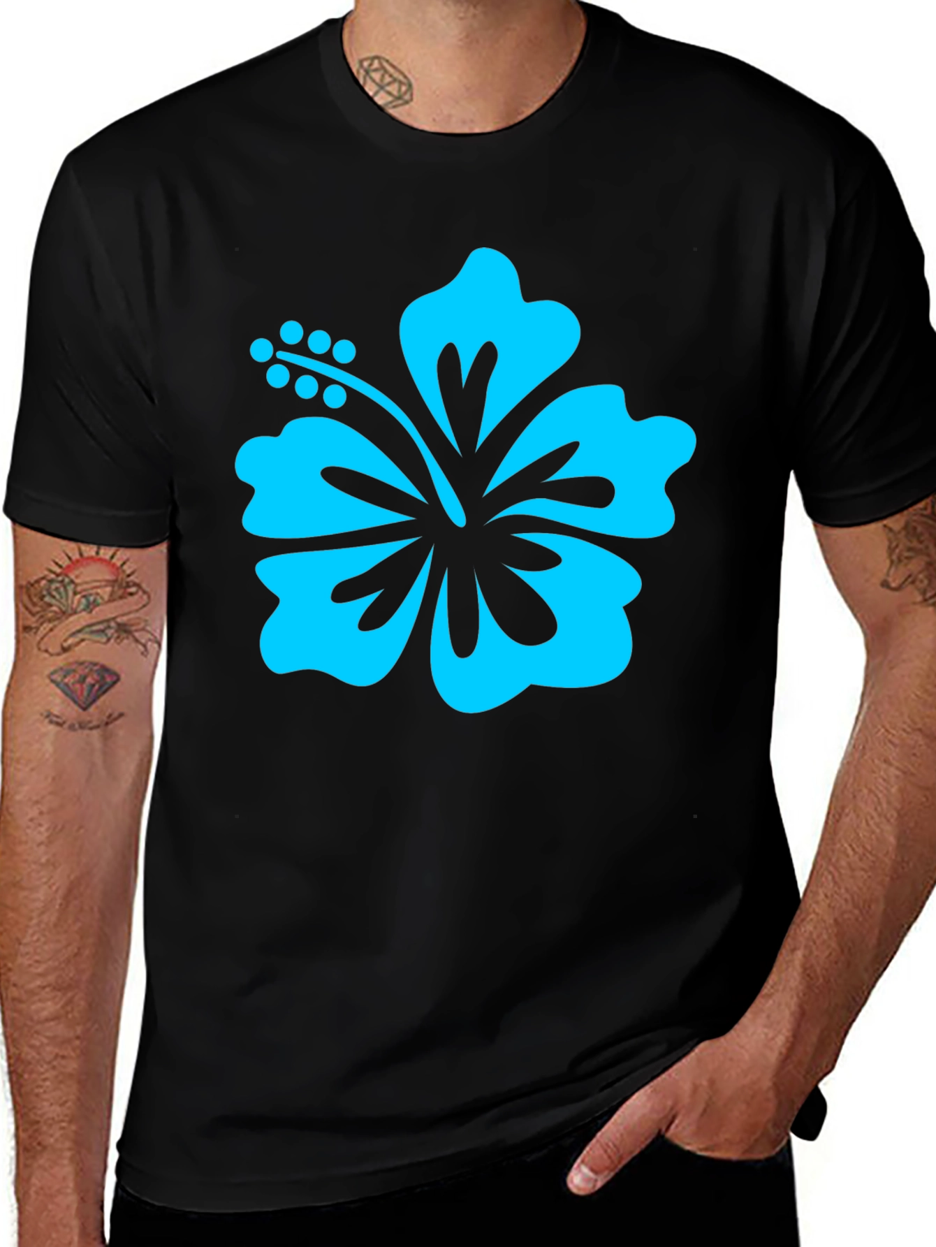 Variant 22 of Black T-Shirt with Blue Hibiscus Flower Graphic