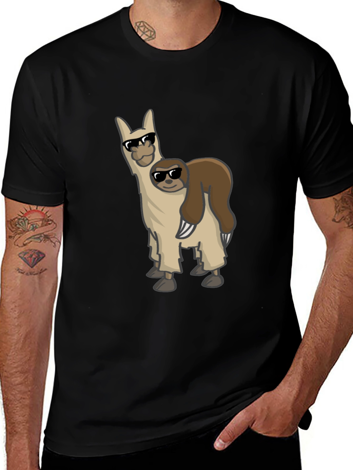 Variant 14 of Cool Llama & Sloth Graphic Tee - Black Cotton Shirt