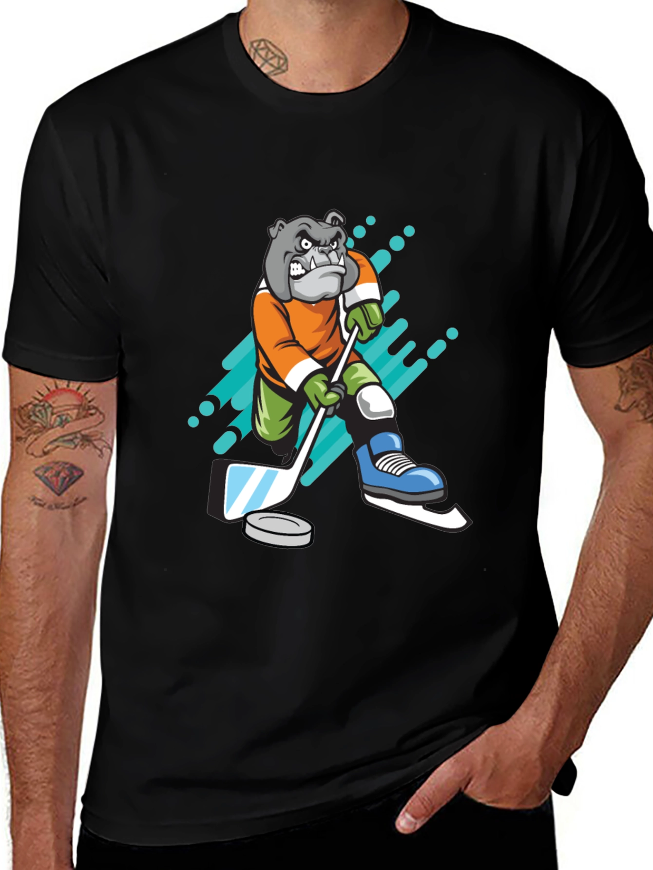 Variant 8 of Bulldog Hockey Player T-Shirt - Black Cotton Tee