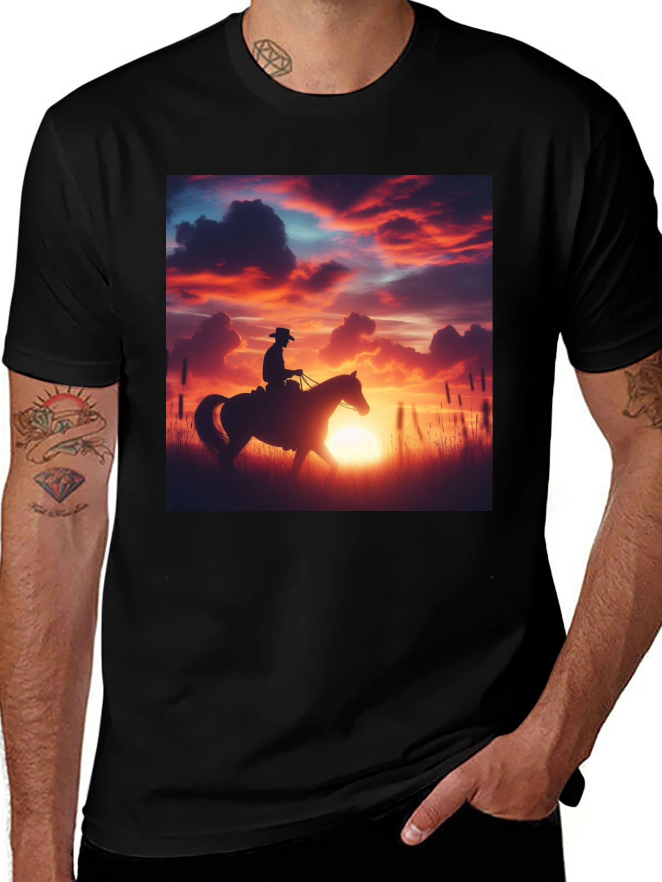 Variant 2 of Cowboy Sunset Graphic Tee - Black Cotton T-Shirt