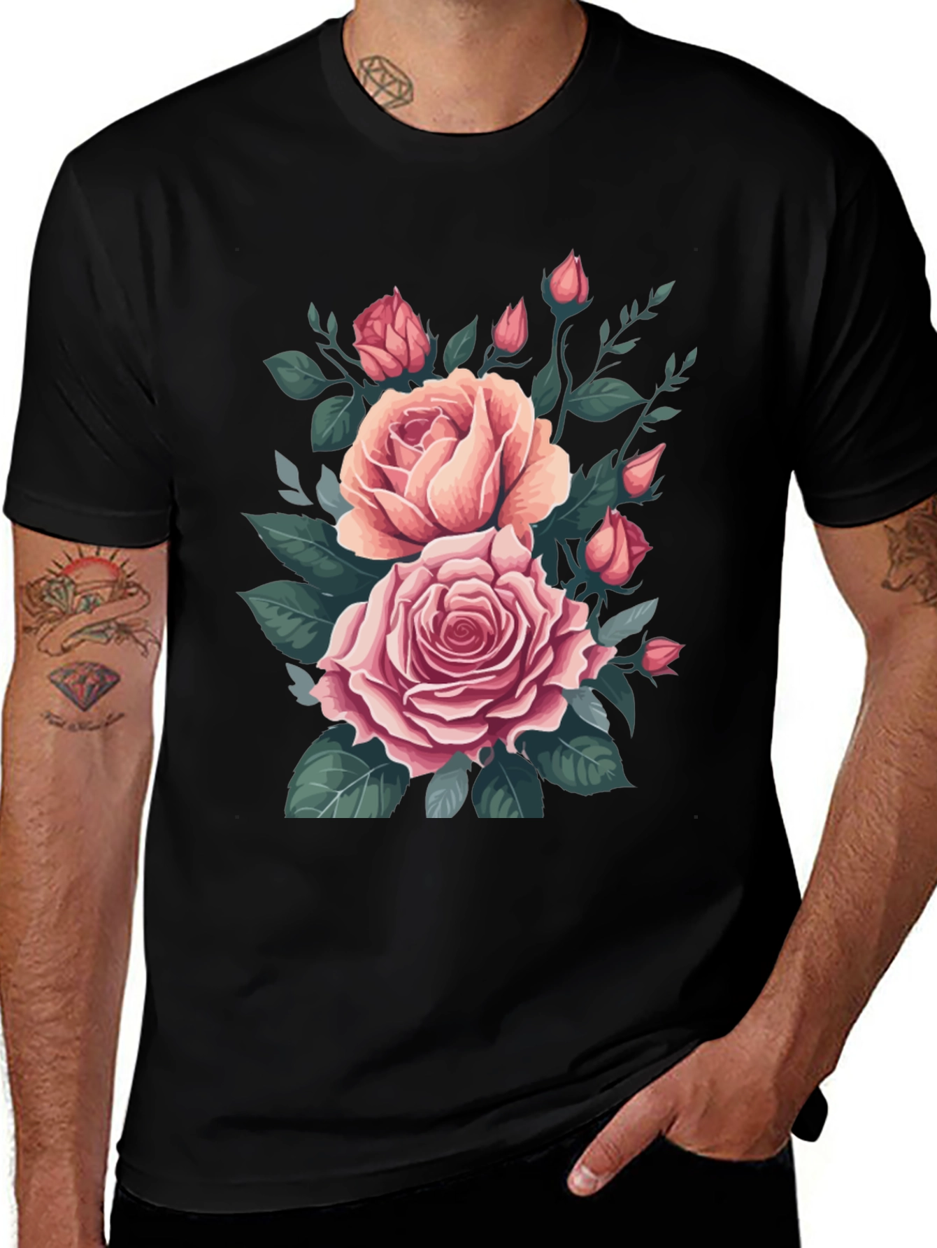 Black Elegant Rose Bouquet Graphic Tee - Soft Cotton Comfort main image