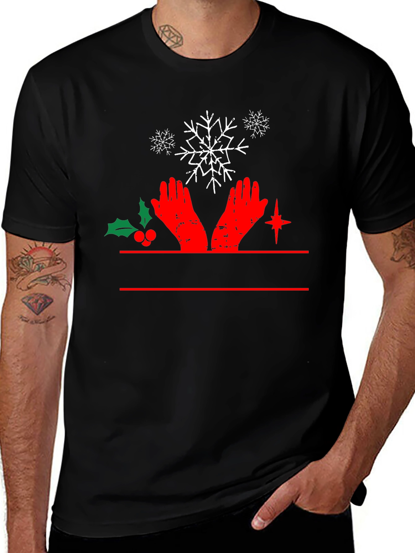 Festive Christmas Hands & Snowflake Black T-Shirt