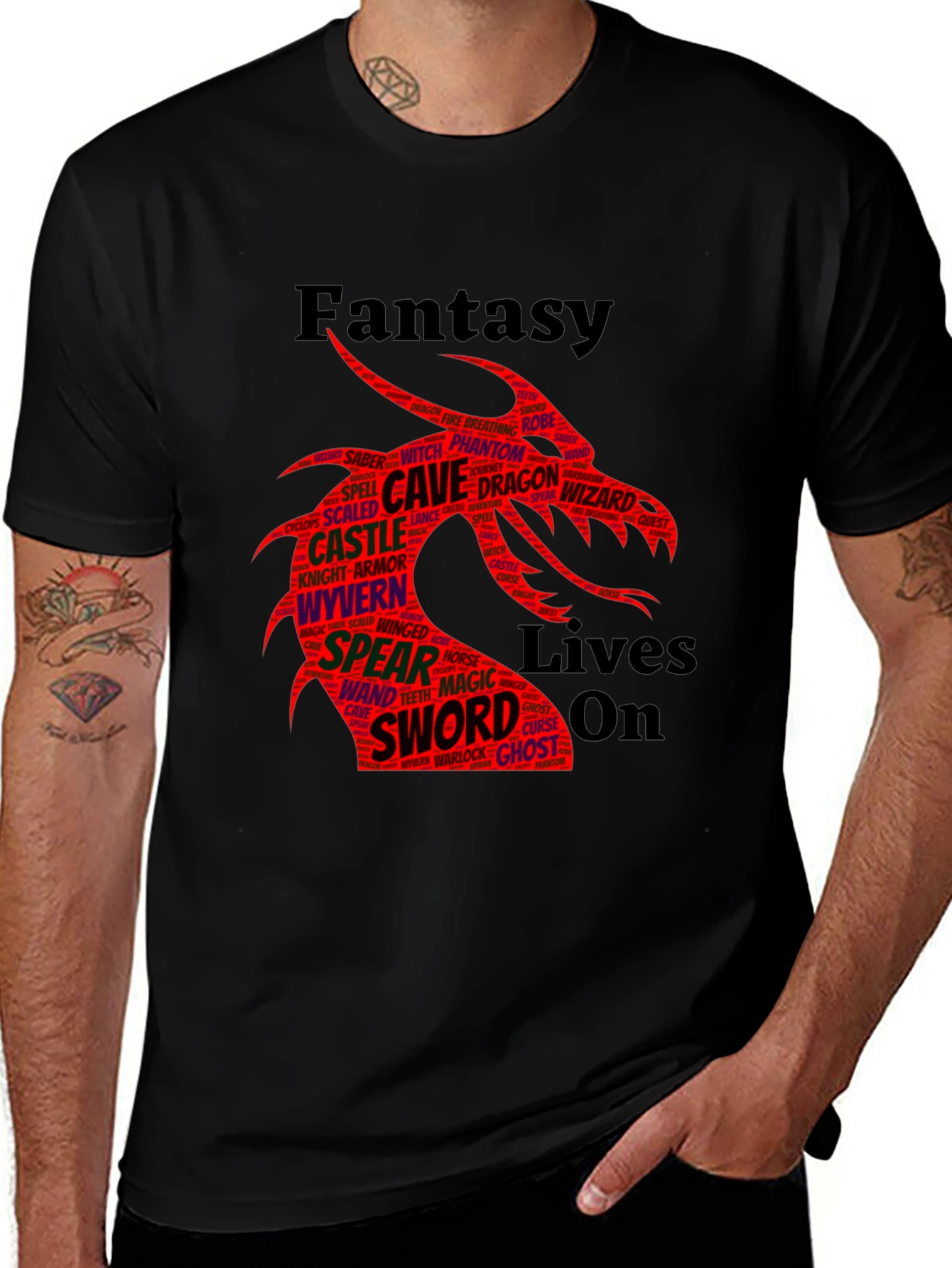 Variant 24 of Fantasy Lives On Dragon Word Art Black T-Shirt