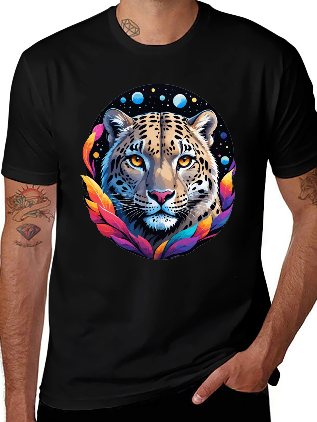 Black Leopard Galaxy Graphic Print Tee - Stylish Black T-Shirt main image