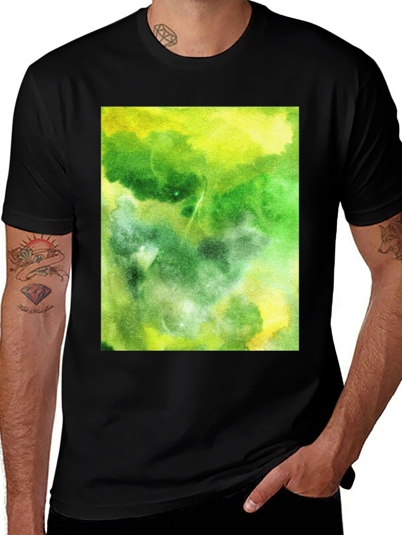 Variant 21 of Green Abstract Watercolor Print Black T-Shirt