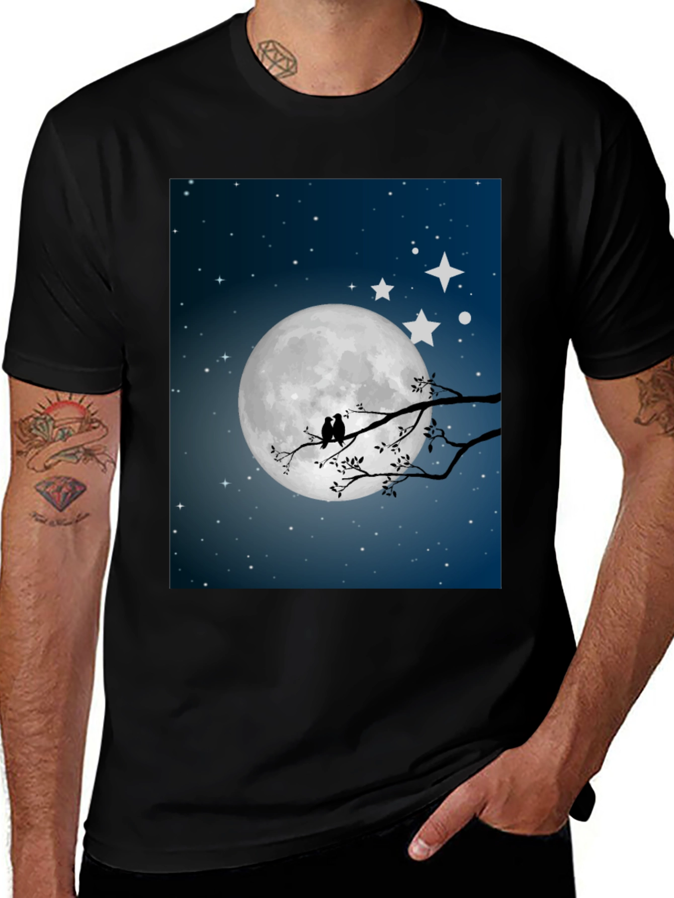 Variant 6 of Moonlit Birds Graphic Tee - Black Cotton T-Shirt