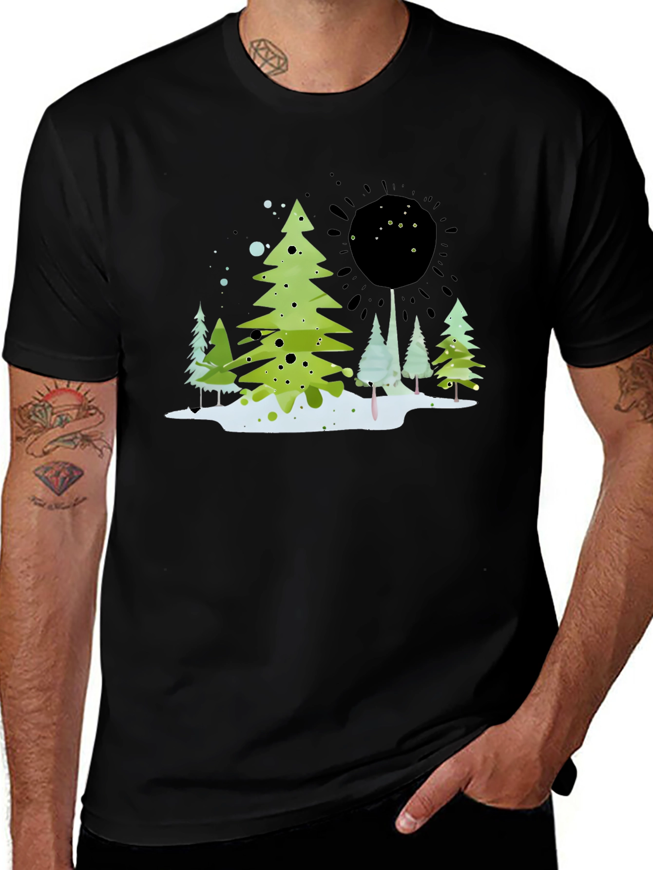 Variant 11 of Whimsical Winter Tree Graphic Tee - Black