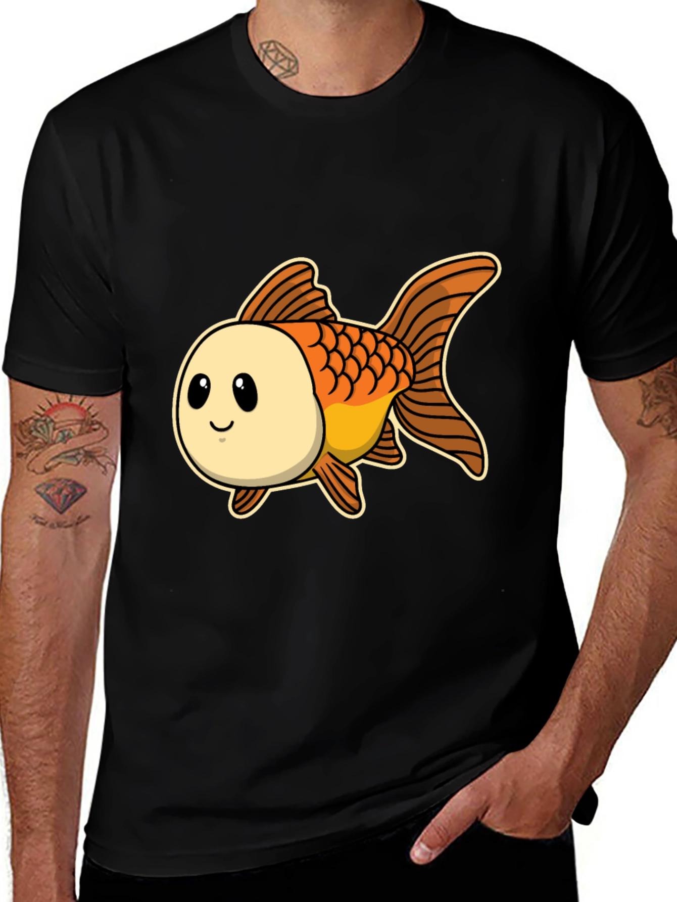 Variant 8 of Cute Goldfish Graphic Tee - Black Cotton T-Shirt