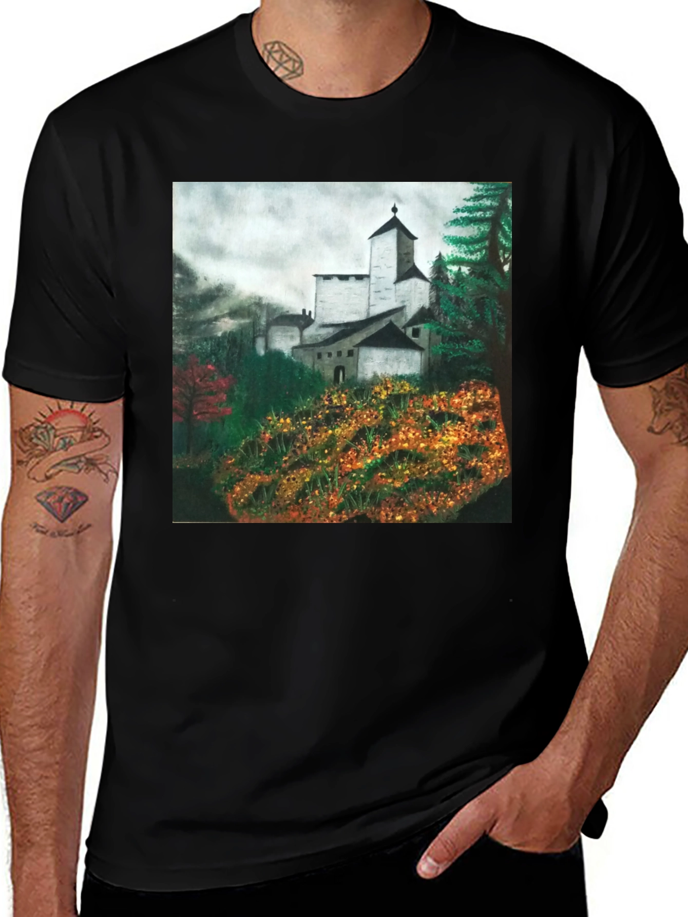 Variant 14 of Castle Painting Graphic Tee - Nature Scene Shirt