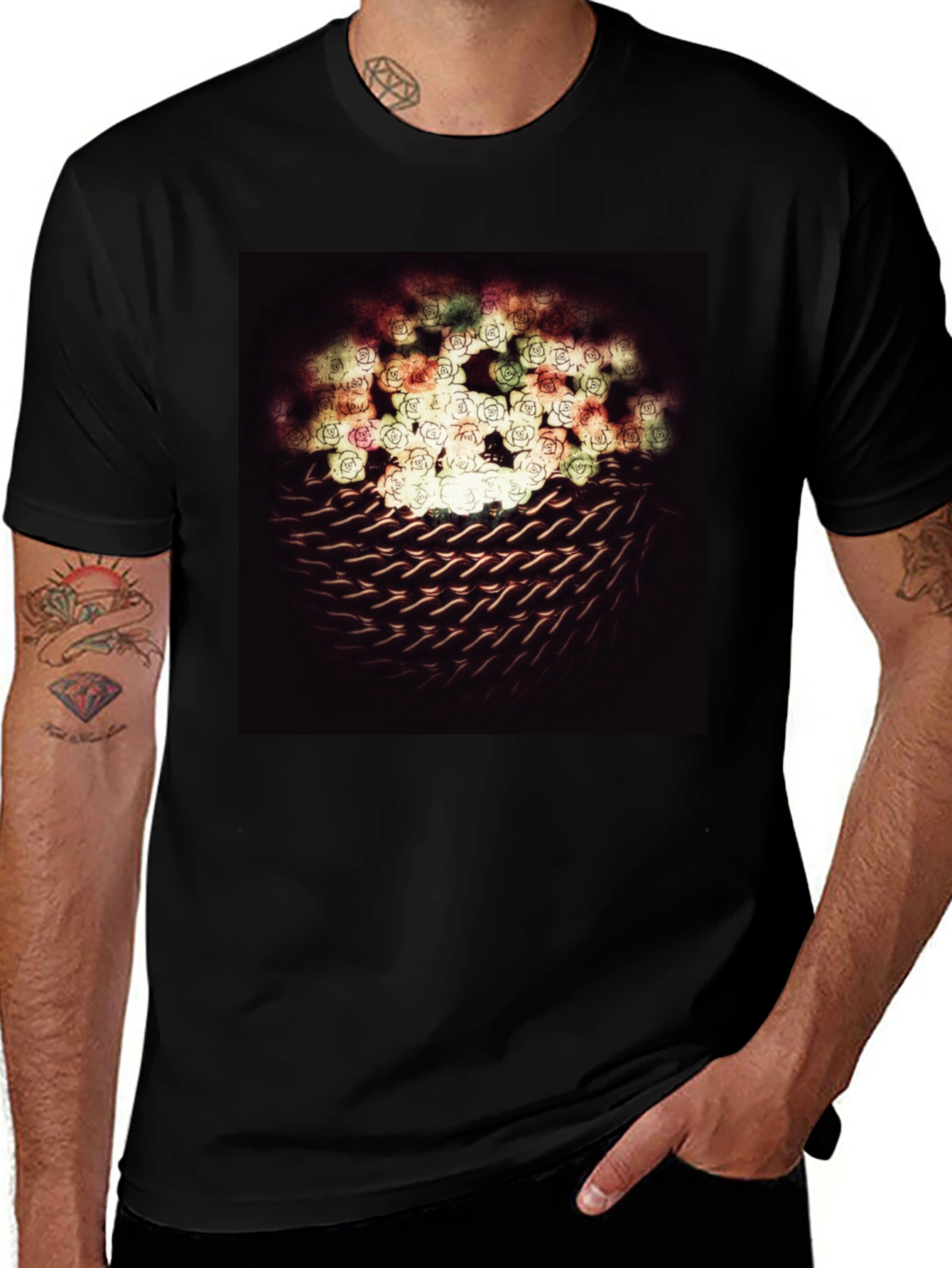 Variant 5 of Floral & Woven Design Black T-Shirt