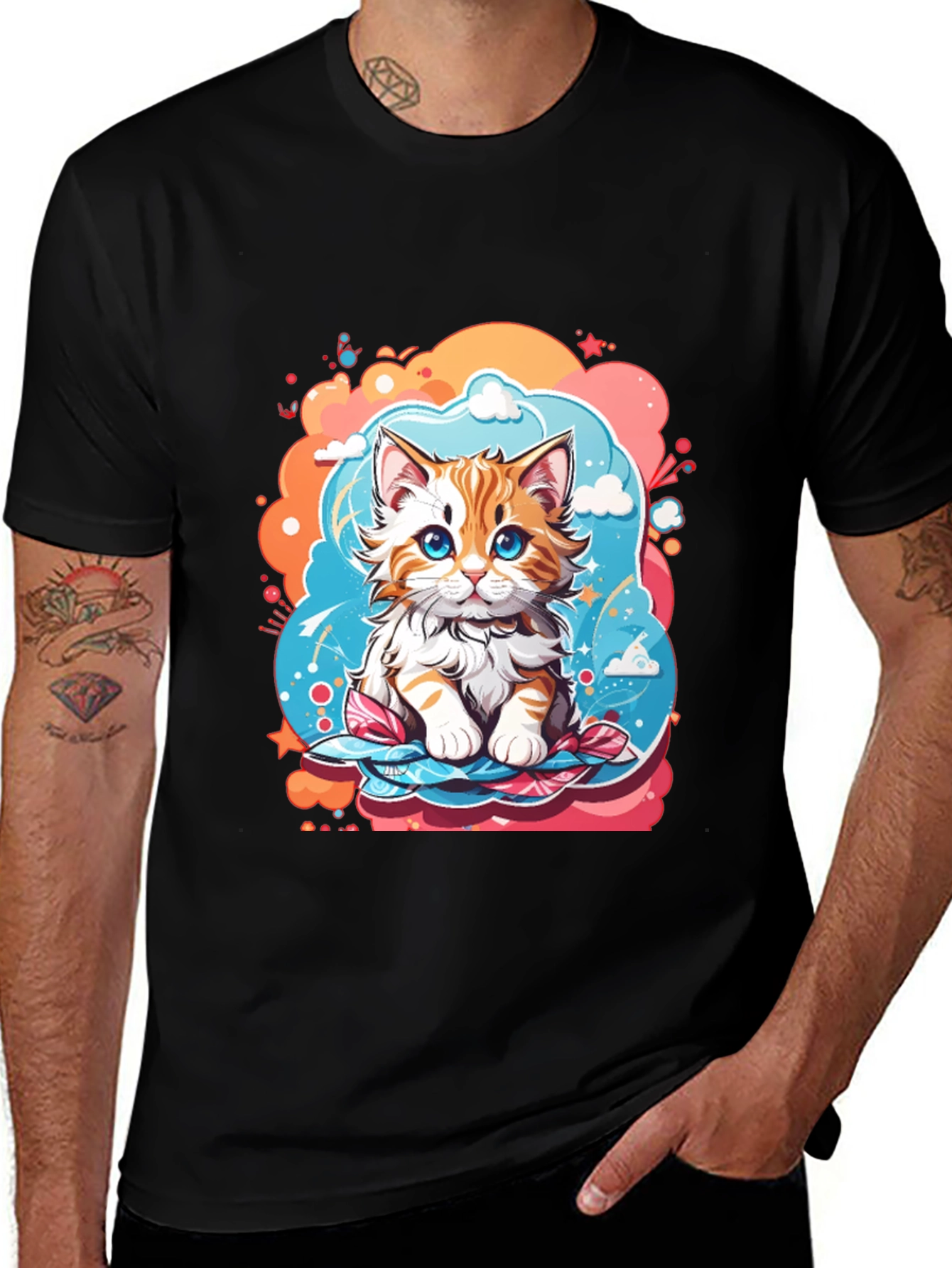 Variant 8 of Cartoon Cat Graphic Black T-Shirt
