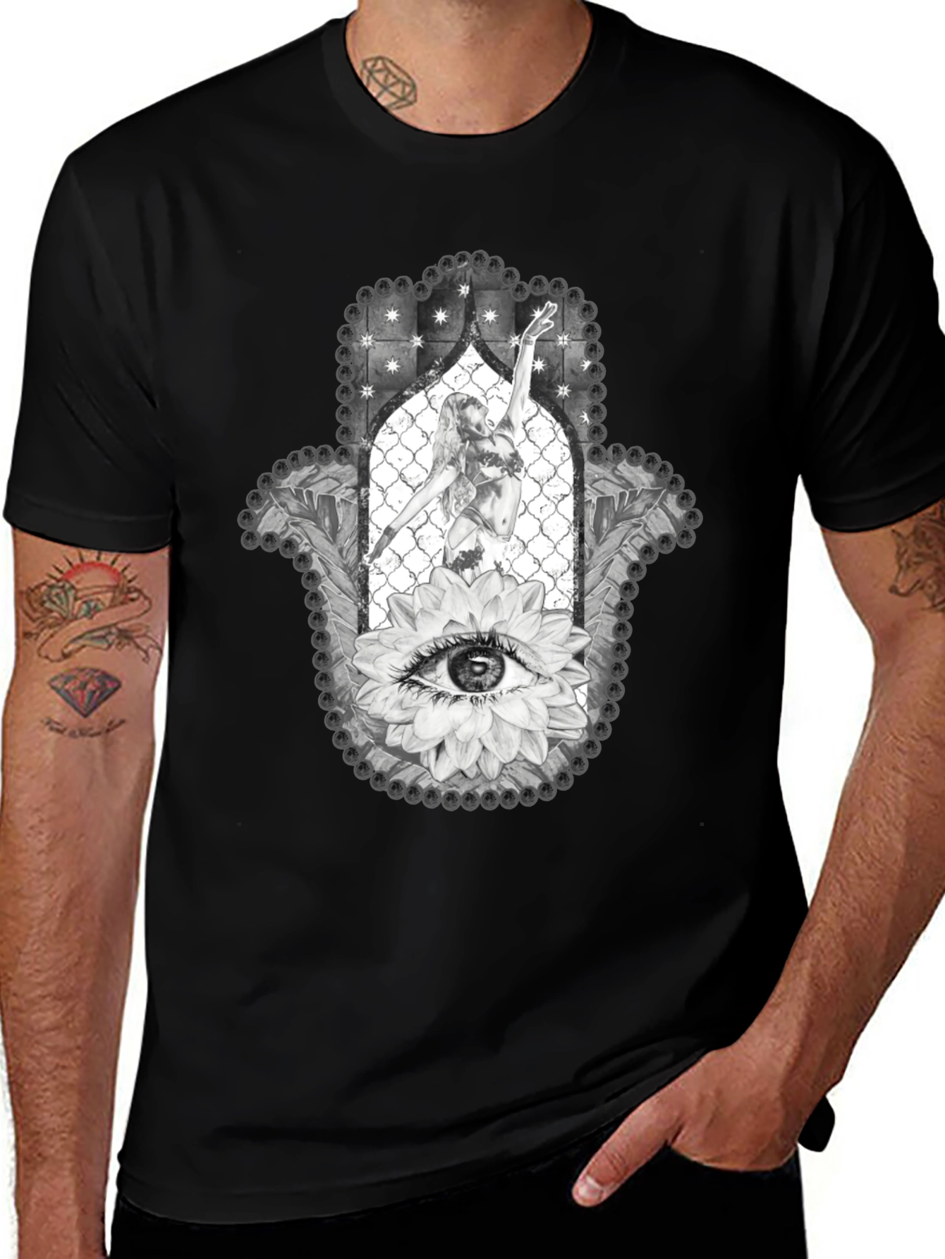 Variant 5 of Hamsa Hand T-Shirt with Eye and Dancer Graphic Print