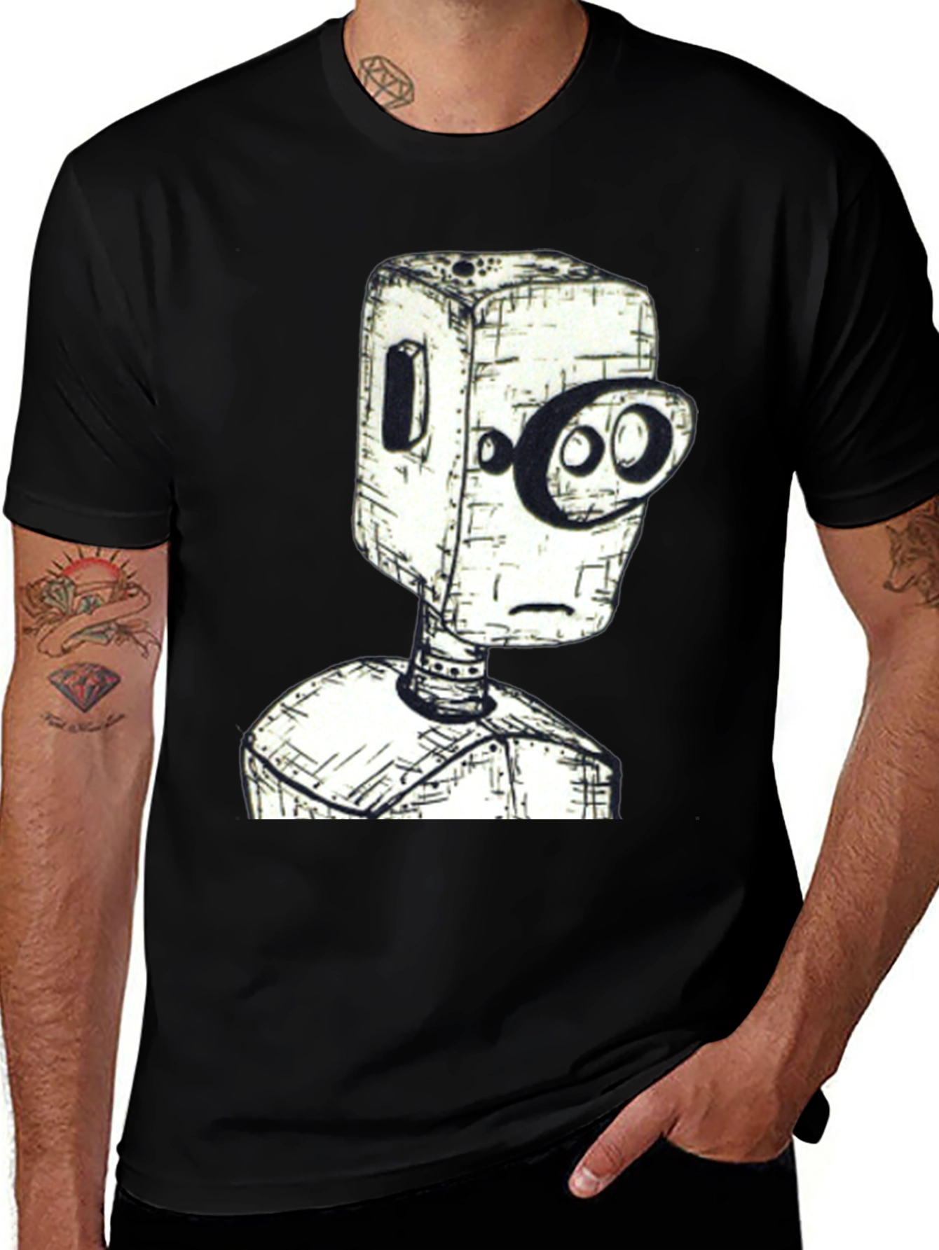 Variant 11 of Robot Head Graphic Tee - Unique Design, Black Shirt