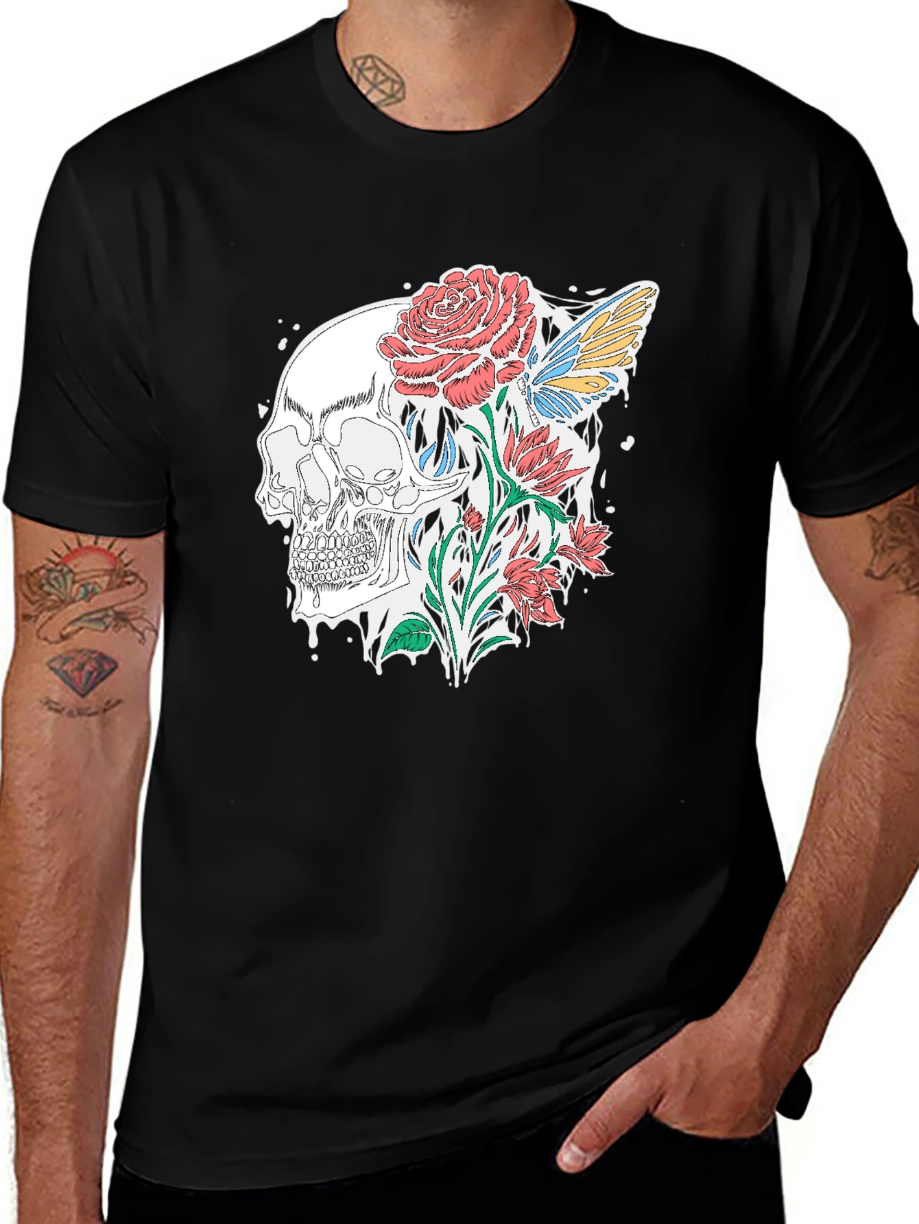 Variant 25 of Skull and Roses Graphic T-Shirt - Stylish Black Tee