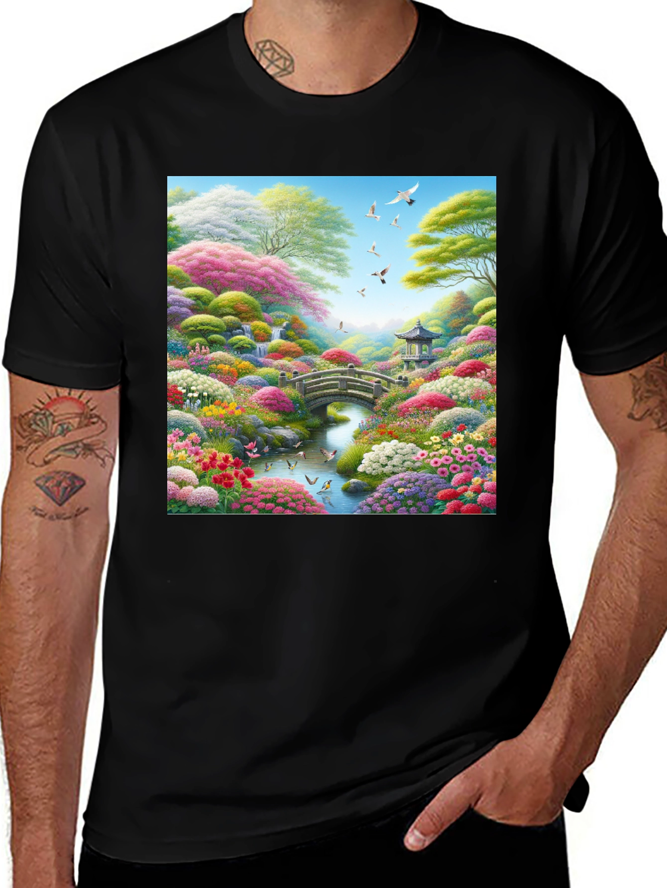 Variant 23 of Floral Garden T-Shirt: Artistic Landscape Print