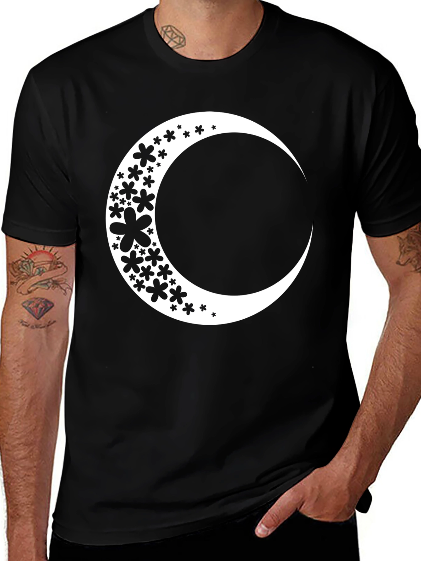 Variant 27 of Floral Crescent Moon Graphic Tee - Black Cotton Casual Top