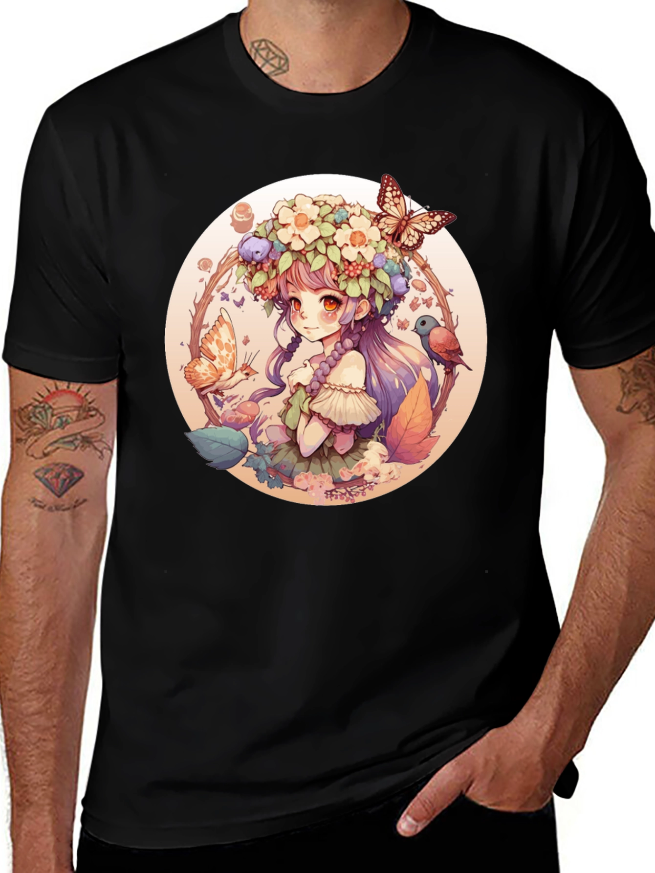 Variant 26 of Anime Girl Floral Wreath Black T-Shirt