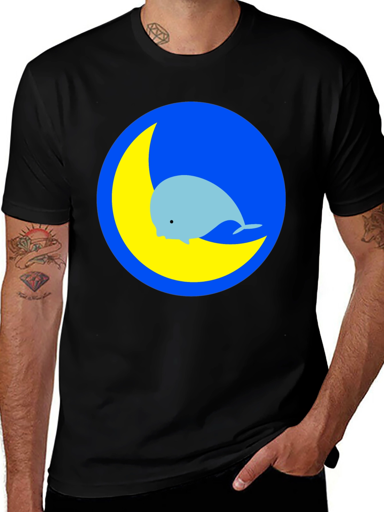 Variant 7 of Whimsical Whale & Moon Graphic Tee - Black Cotton Blend