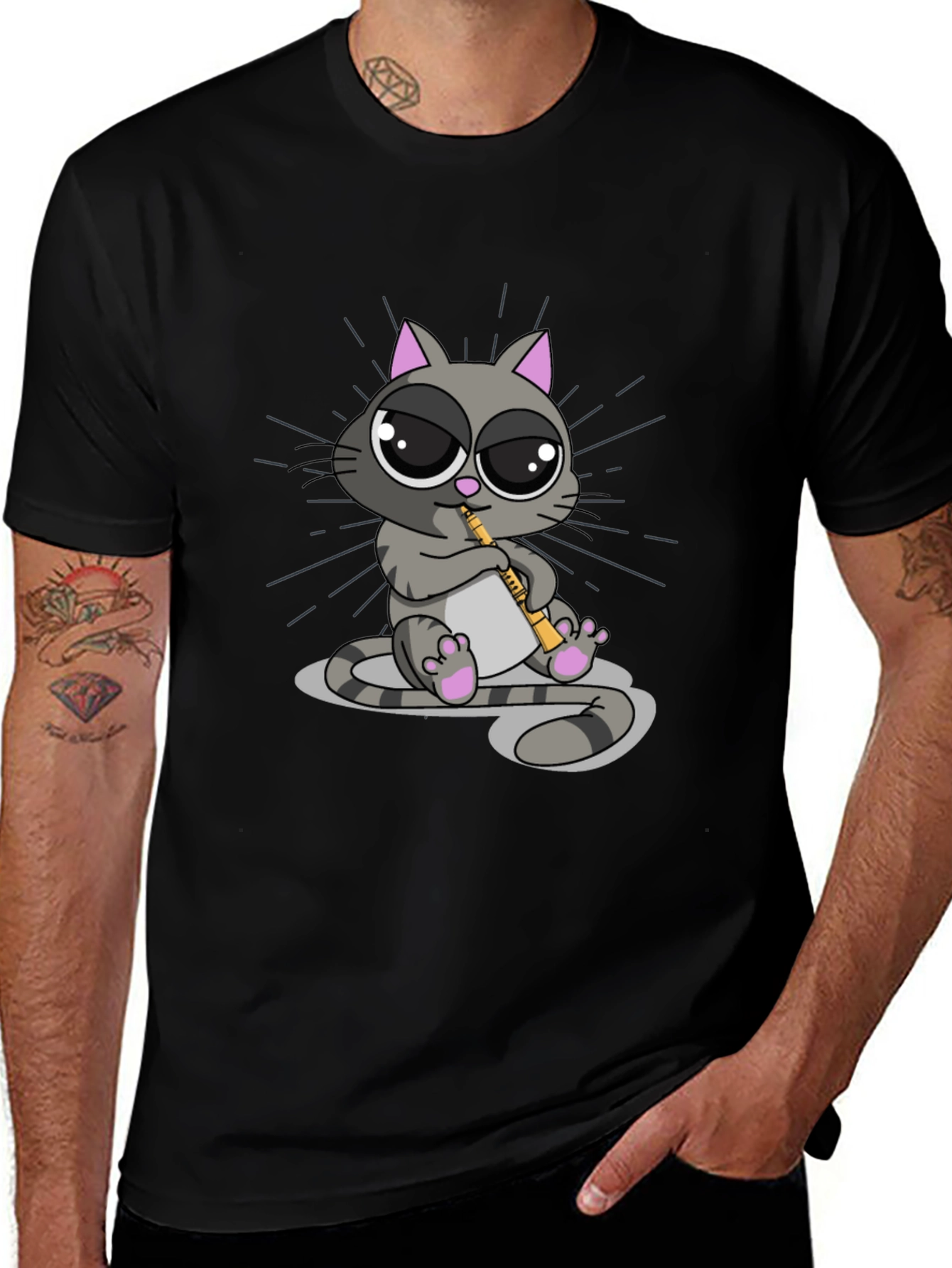Variant 11 of Cat Saxophone Black T-Shirt - Cool Cartoon Musician