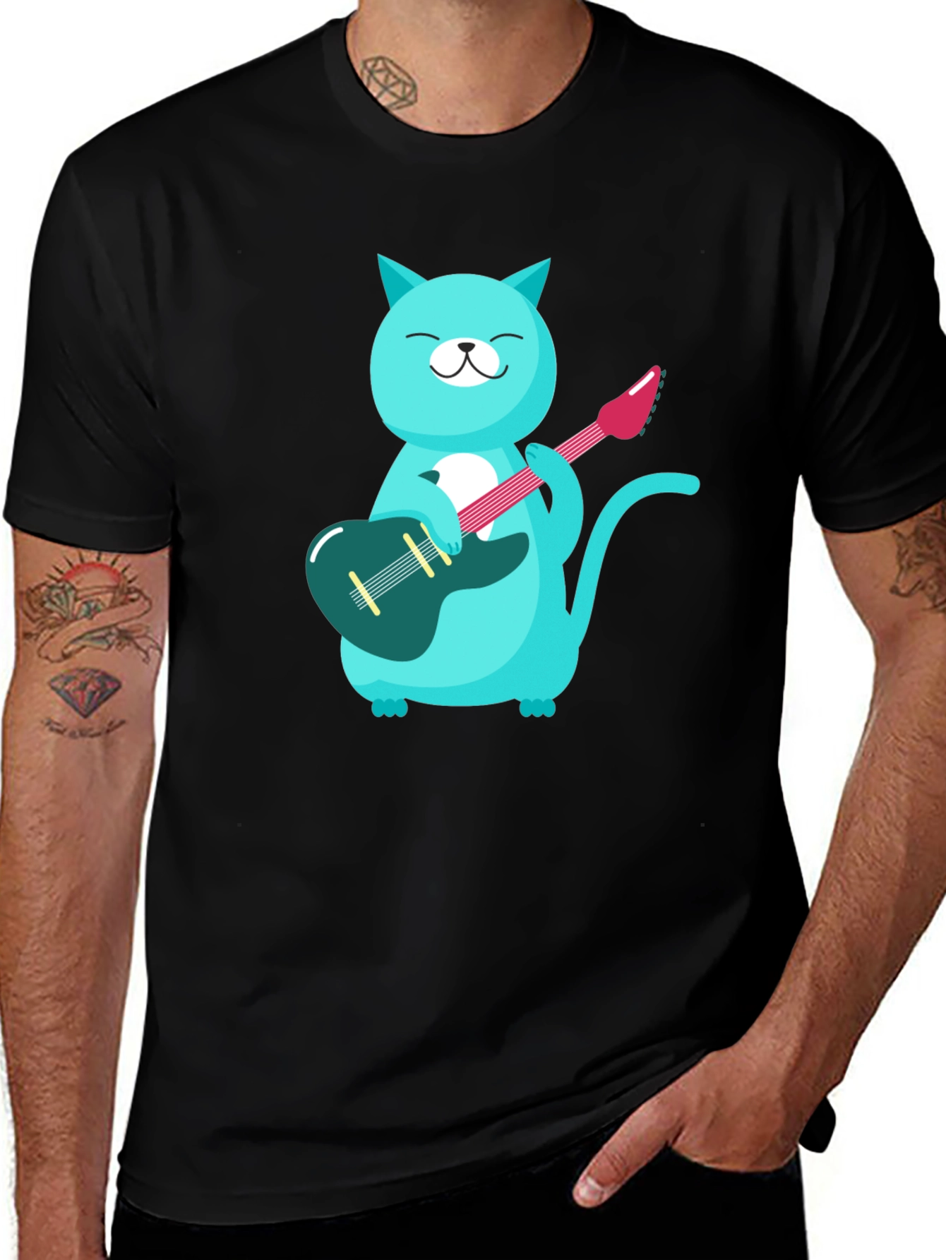 Variant 16 of Cat Guitarist T-Shirt - Black Cotton Tee
