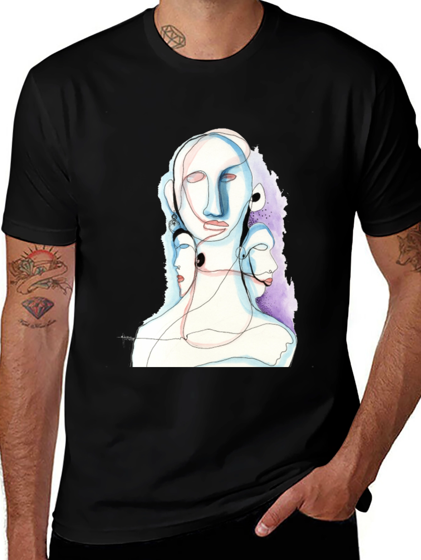 Black Abstract Faces Black Graphic Tee main image