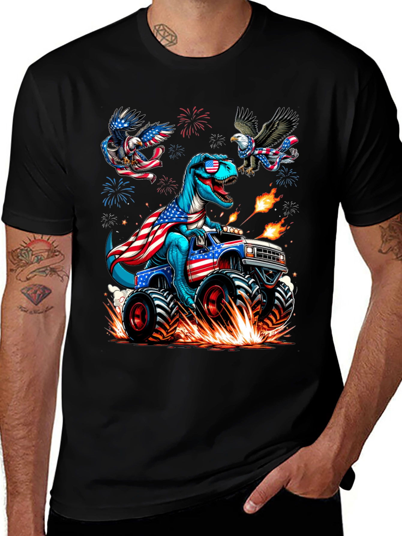 Patriotic Dino Monster Truck Graphic T-Shirt