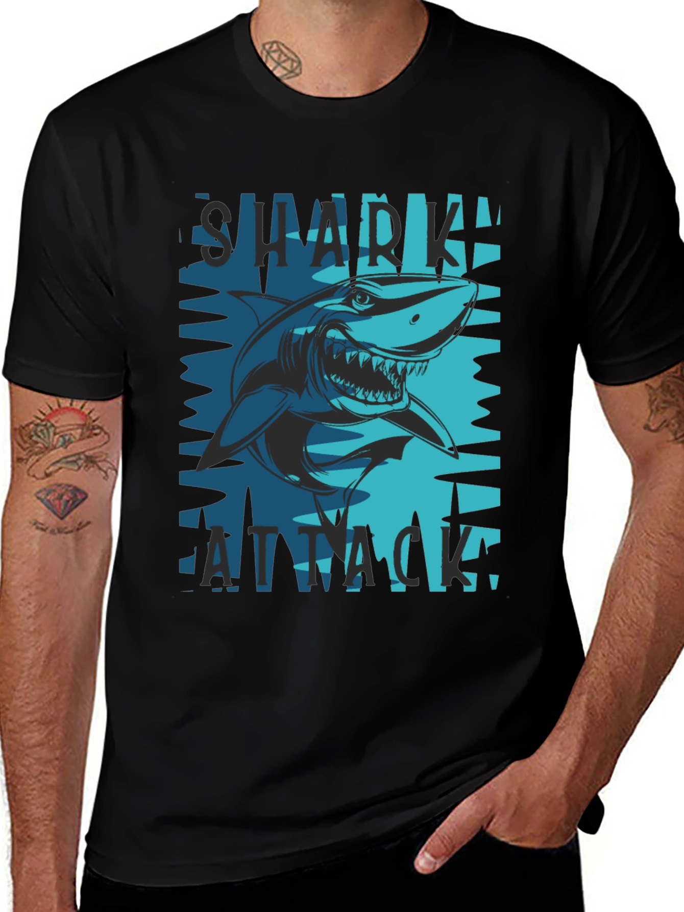 Variant 23 of Shark Attack Graphic Tee - Black Cotton Blend T-Shirt