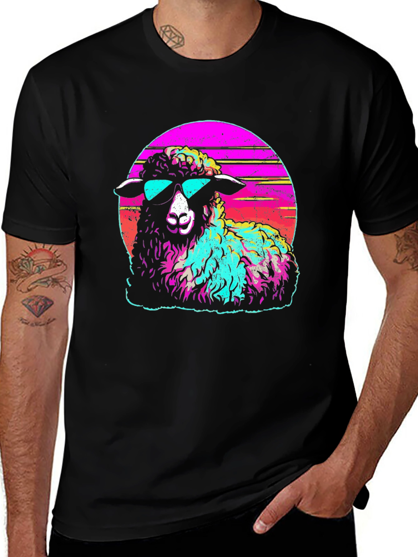 Variant 18 of Retro Sheep Graphic Tee - Cool Synthwave Design