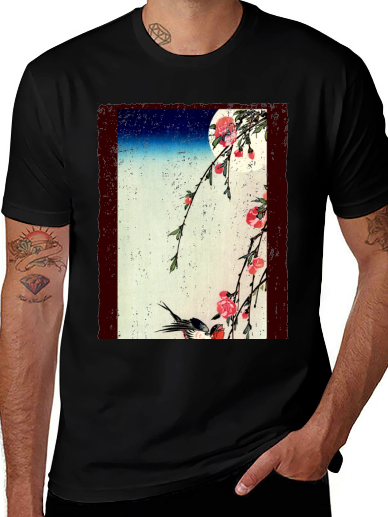 Variant 14 of Japanese Art T-Shirt: Moonlit Cherry Blossoms & Bird