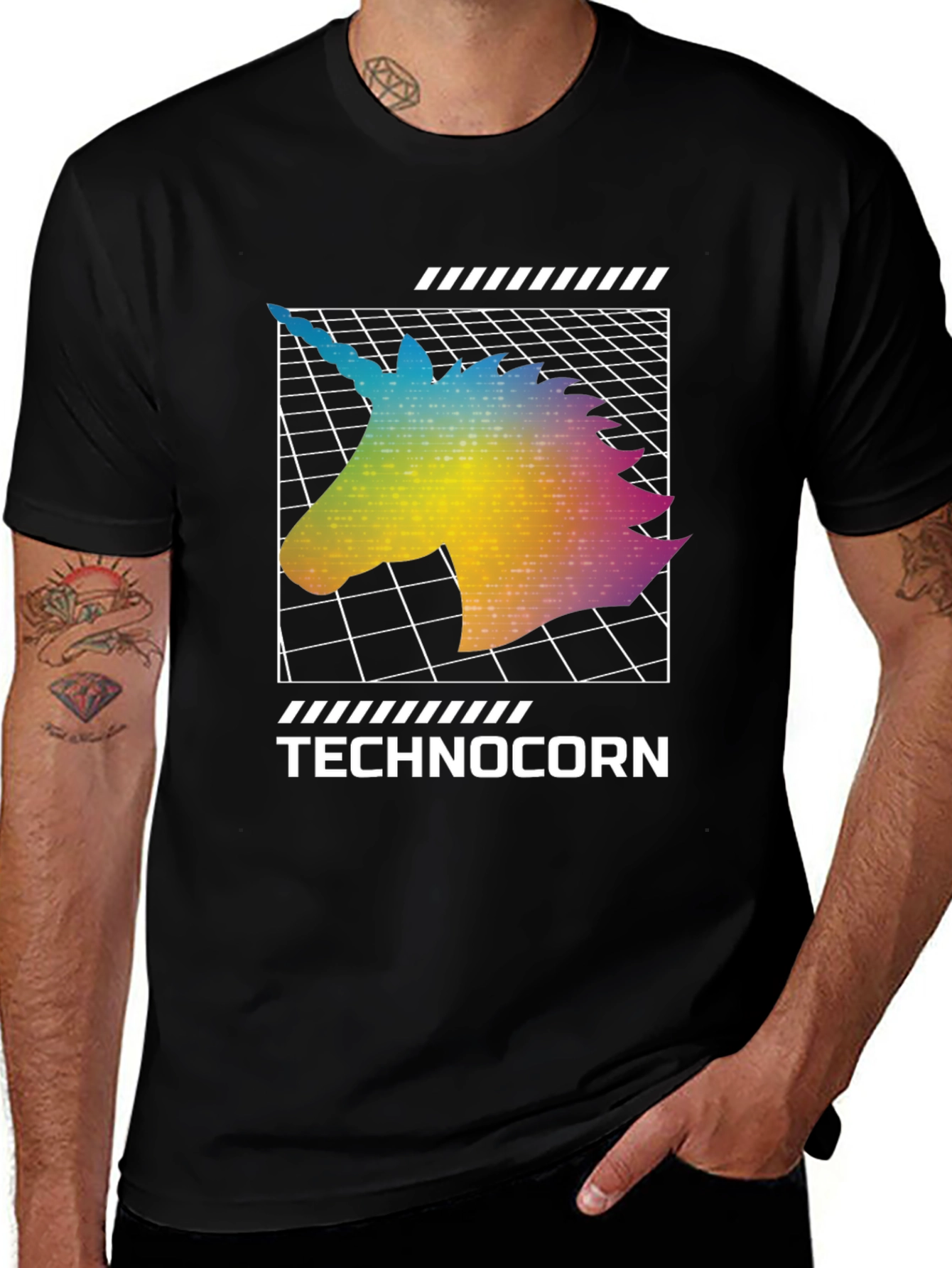 Variant 23 of Technocorn Black T-Shirt - Retro Unicorn Design