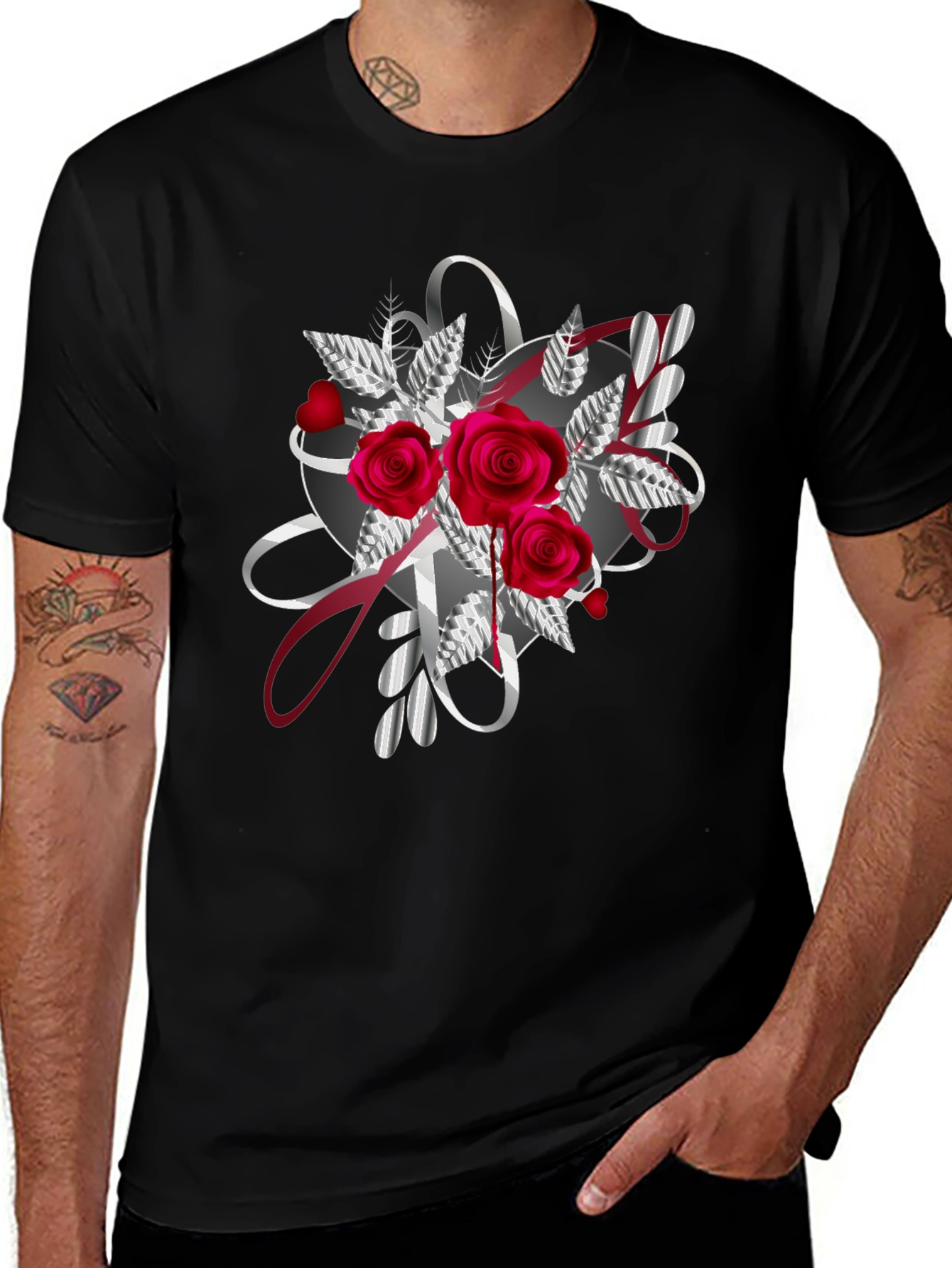 Variant 23 of Floral Heart Graphic Tee - Stylish Men's Black T-Shirt