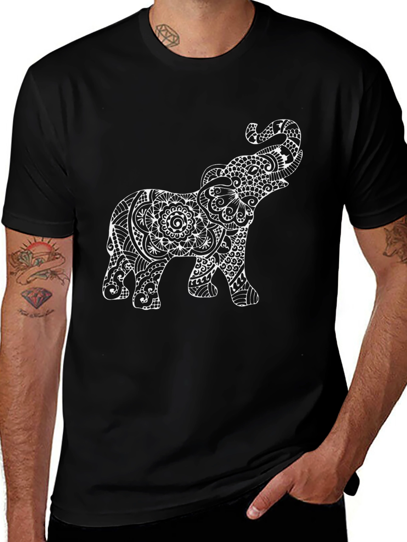Variant 11 of Black T-Shirt with White Elephant Mandala Design