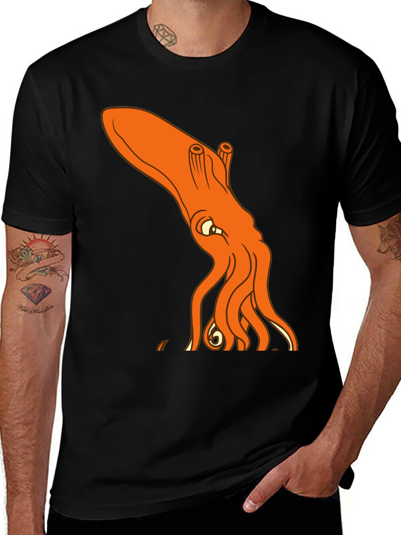 Variant 8 of Orange Squid Graphic Print Black T-Shirt