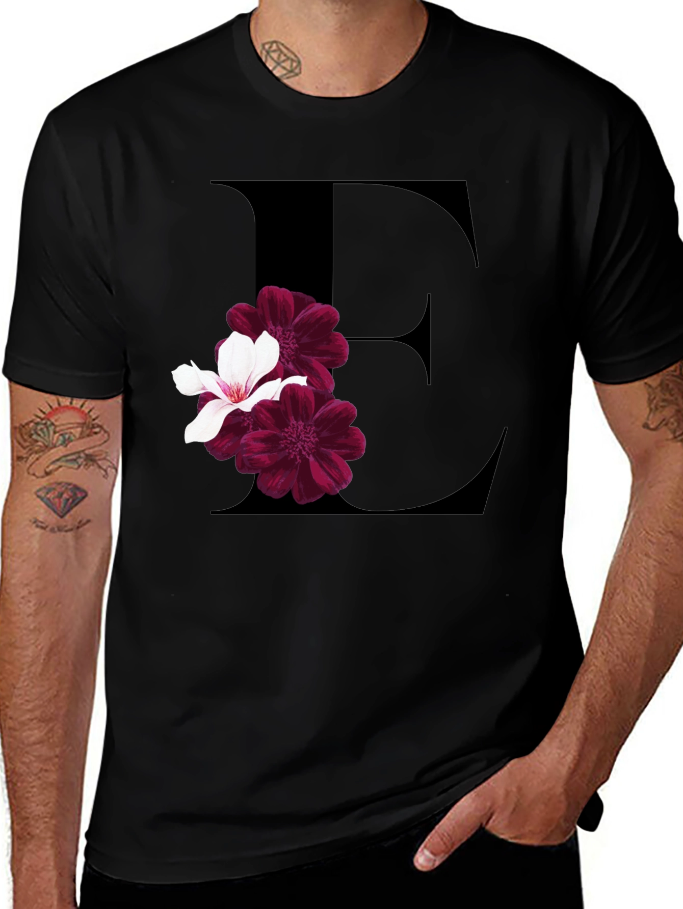 Variant 10 of Floral Initial E Black T-Shirt