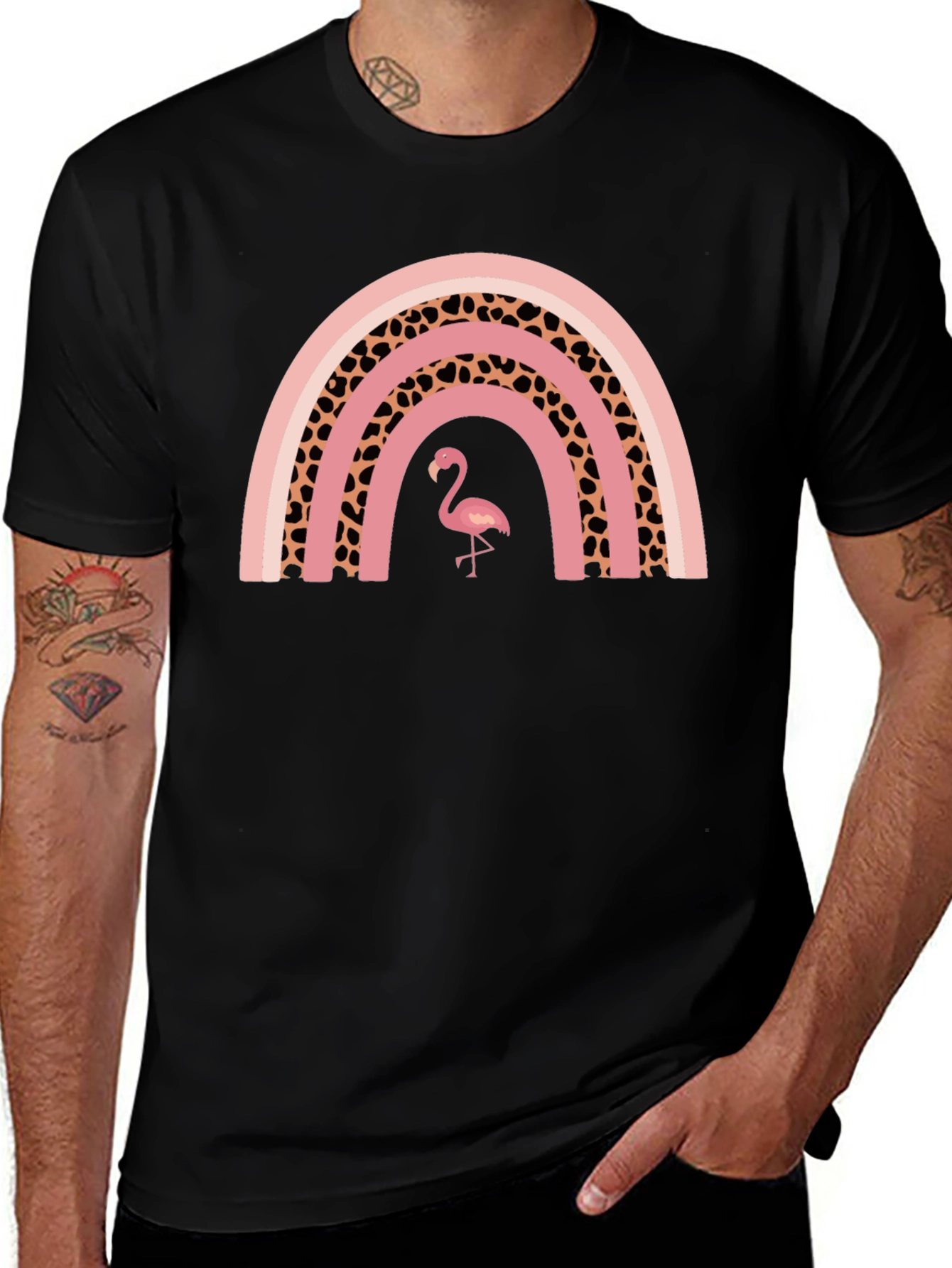 Pink Flamingo Rainbow Graphic T-Shirt - Stylish Black Tee