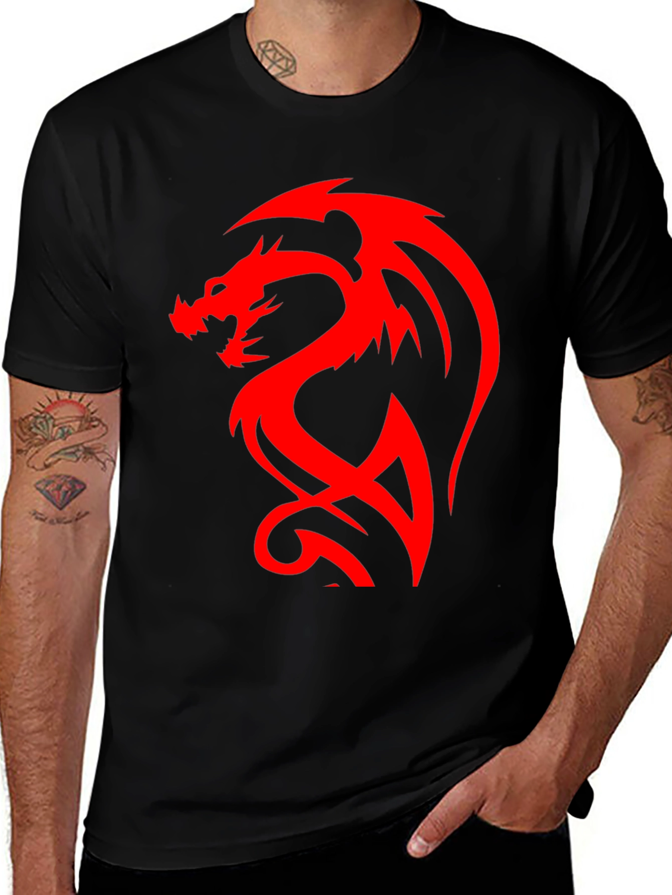 Variant 19 of Dragon Graphic Black T-Shirt - Bold Red Design