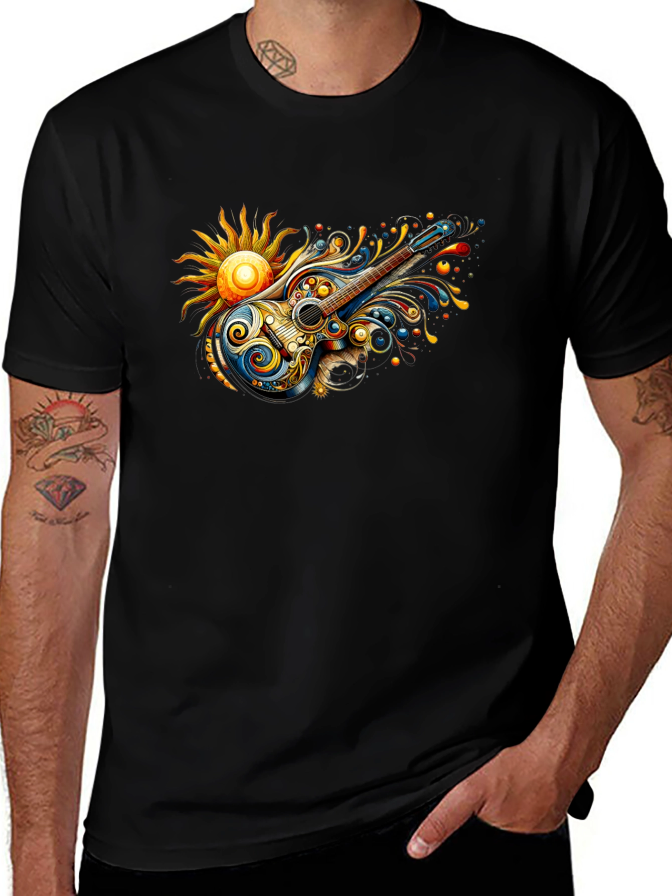 Variant 21 of Psychedelic Guitar Sun Graphic Black T-Shirt