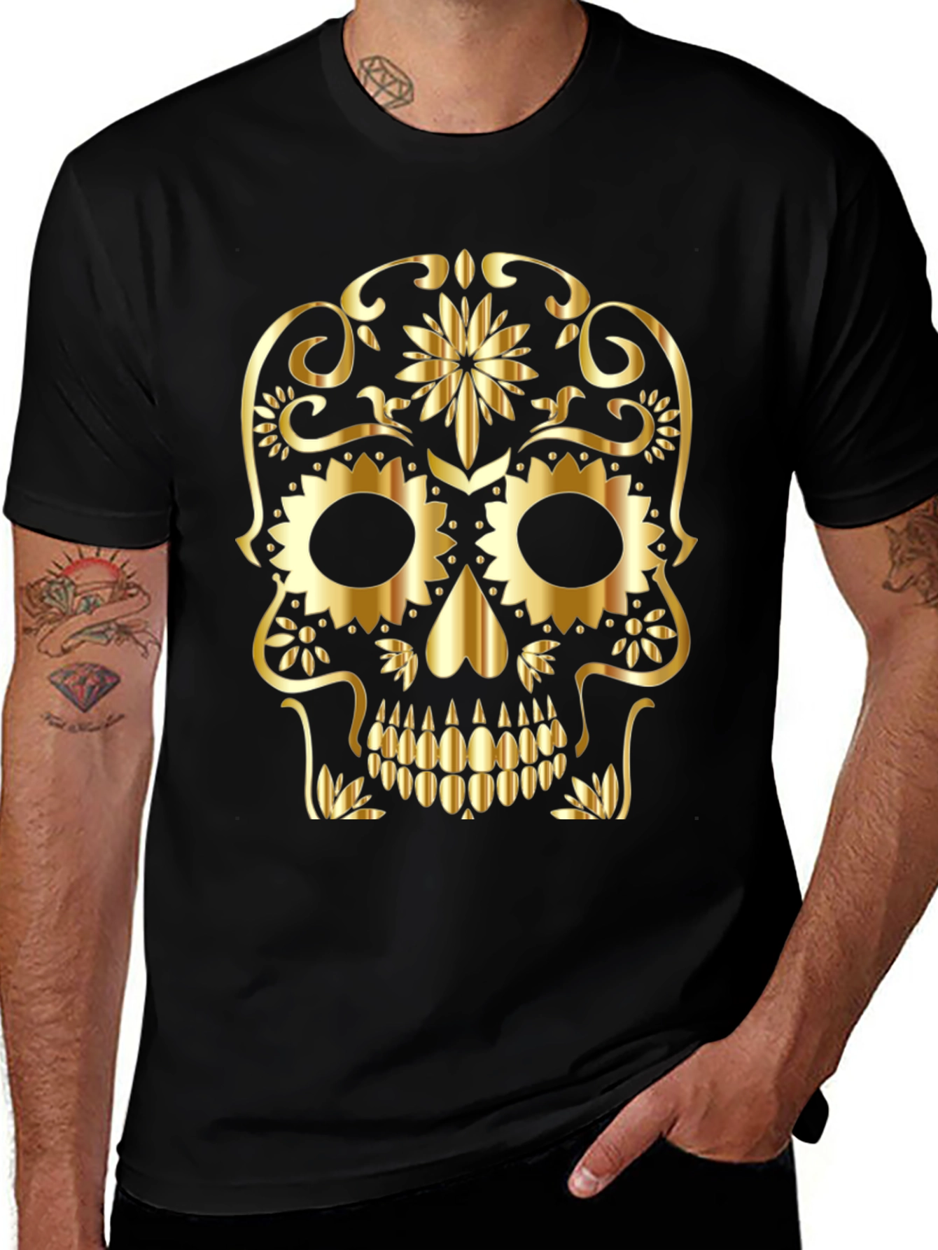 Variant 4 of Gold Skull Graphic Black T-Shirt