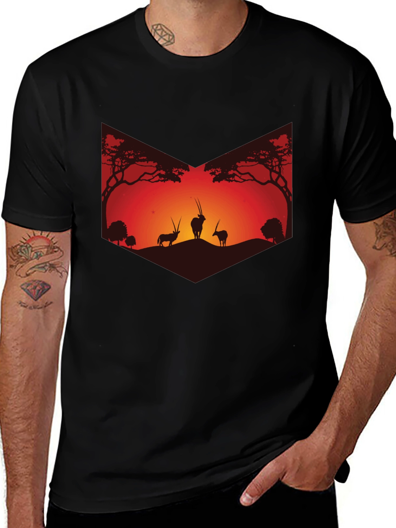 Variant 10 of Sunset Silhouette Graphic Tee - African Wildlife Shirt