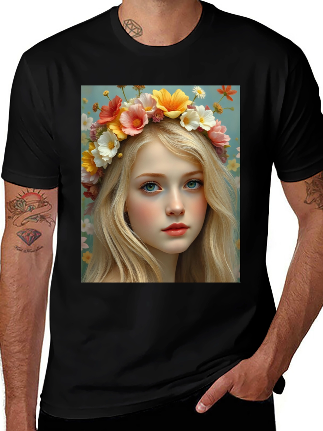 Variant 12 of Floral Crown Girl Graphic Tee - Unisex Black T-Shirt