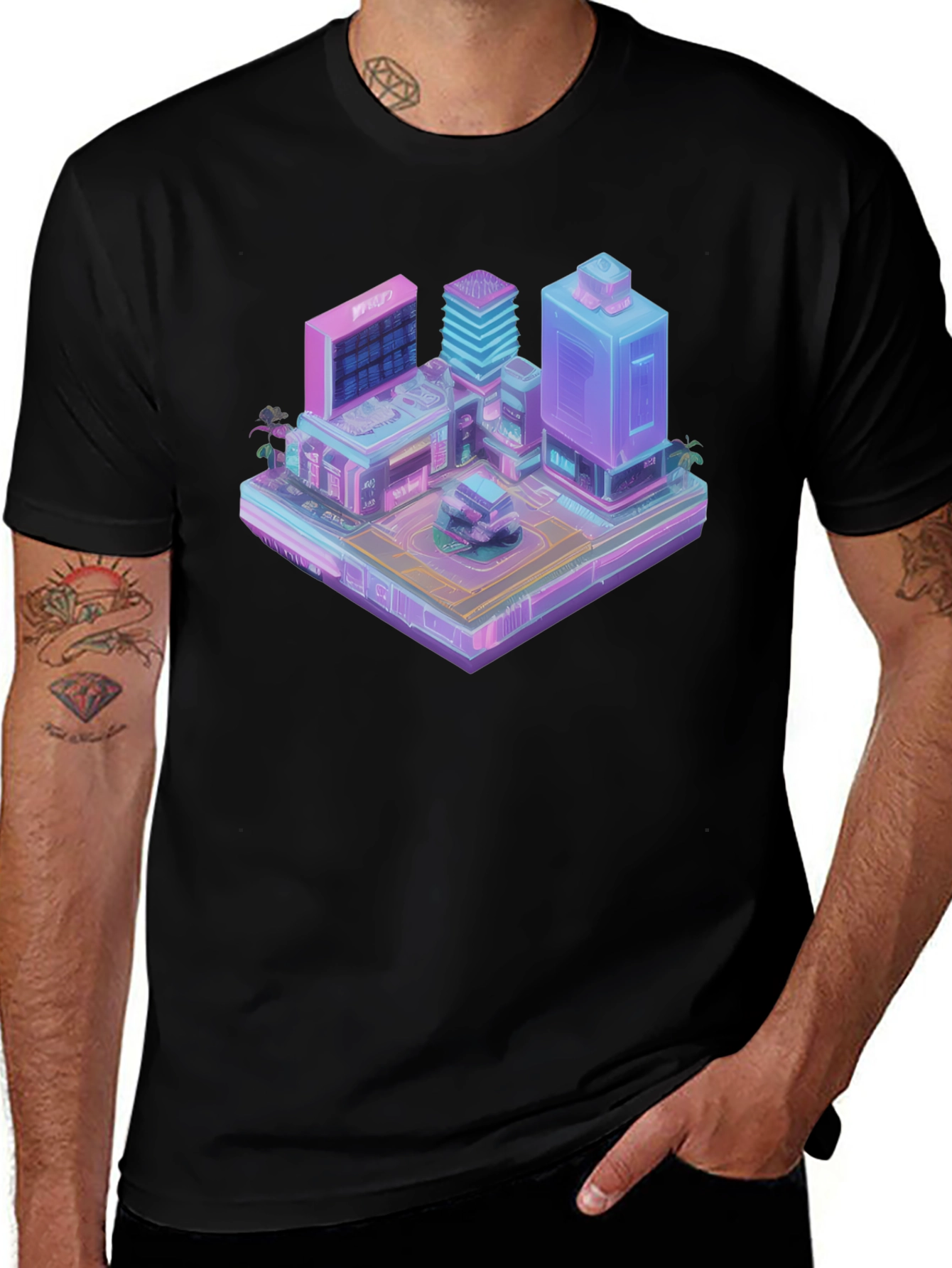 Variant 21 of Cyberpunk City T-Shirt - Isometric Vaporwave Style