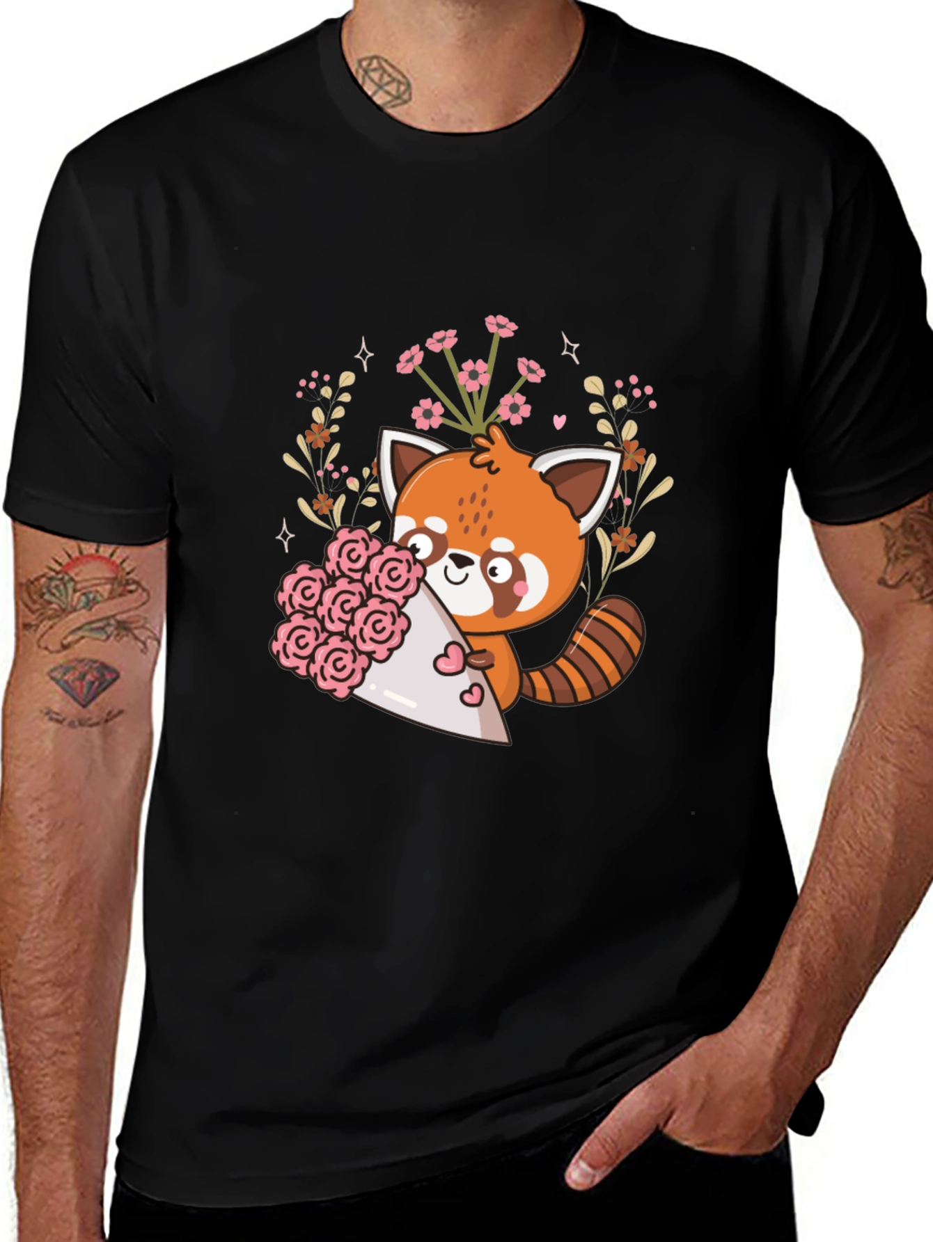 Variant 30 of Cute Red Panda Floral Bouquet Graphic Tee