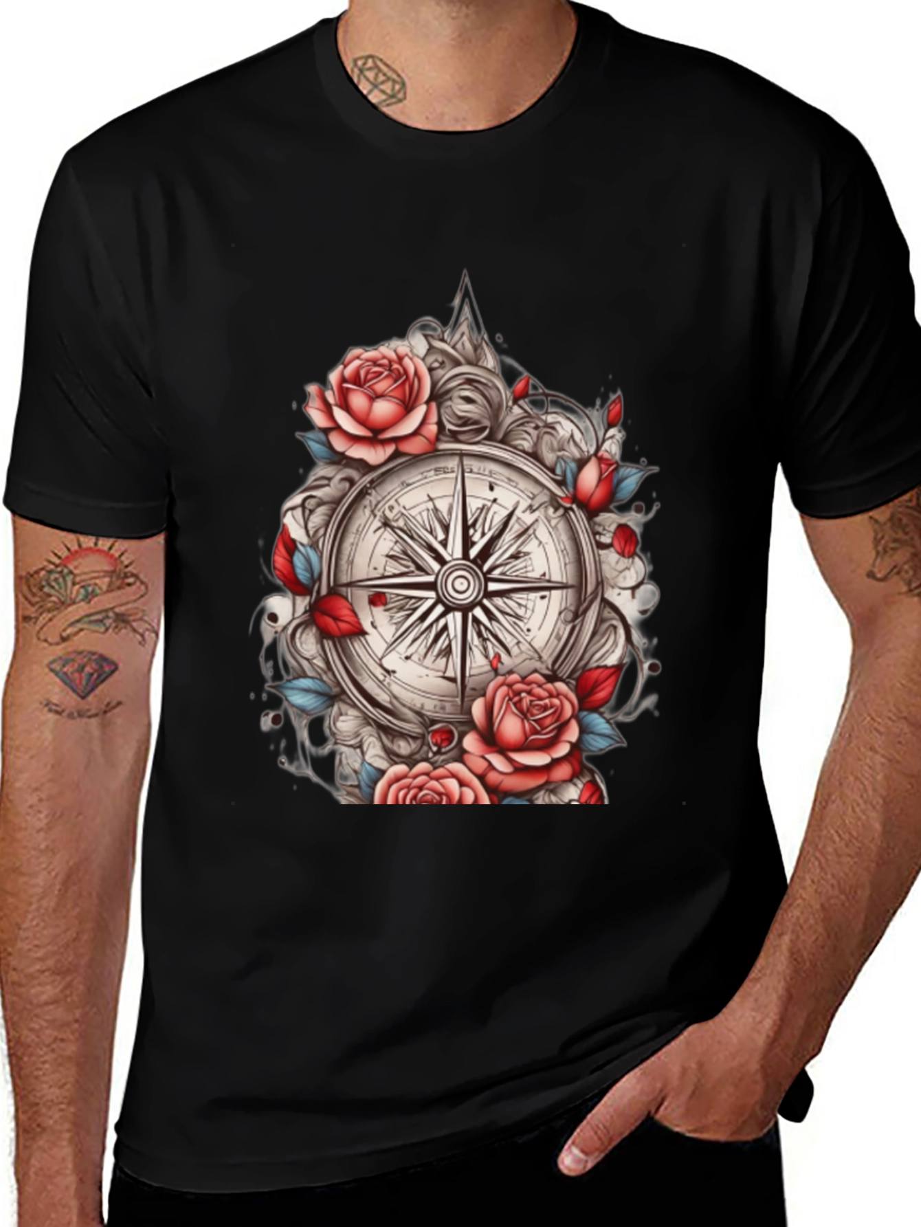 Variant 27 of Compass Rose Floral Graphic Tee - Black