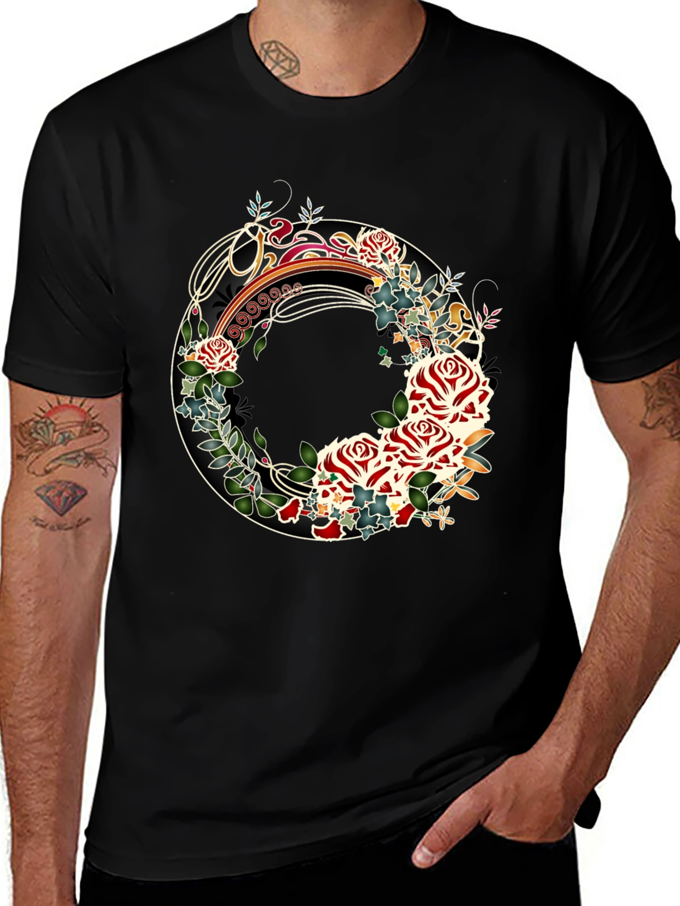Variant 29 of Floral Wreath Tee - Artistic Graphic Print - Black T-Shirt