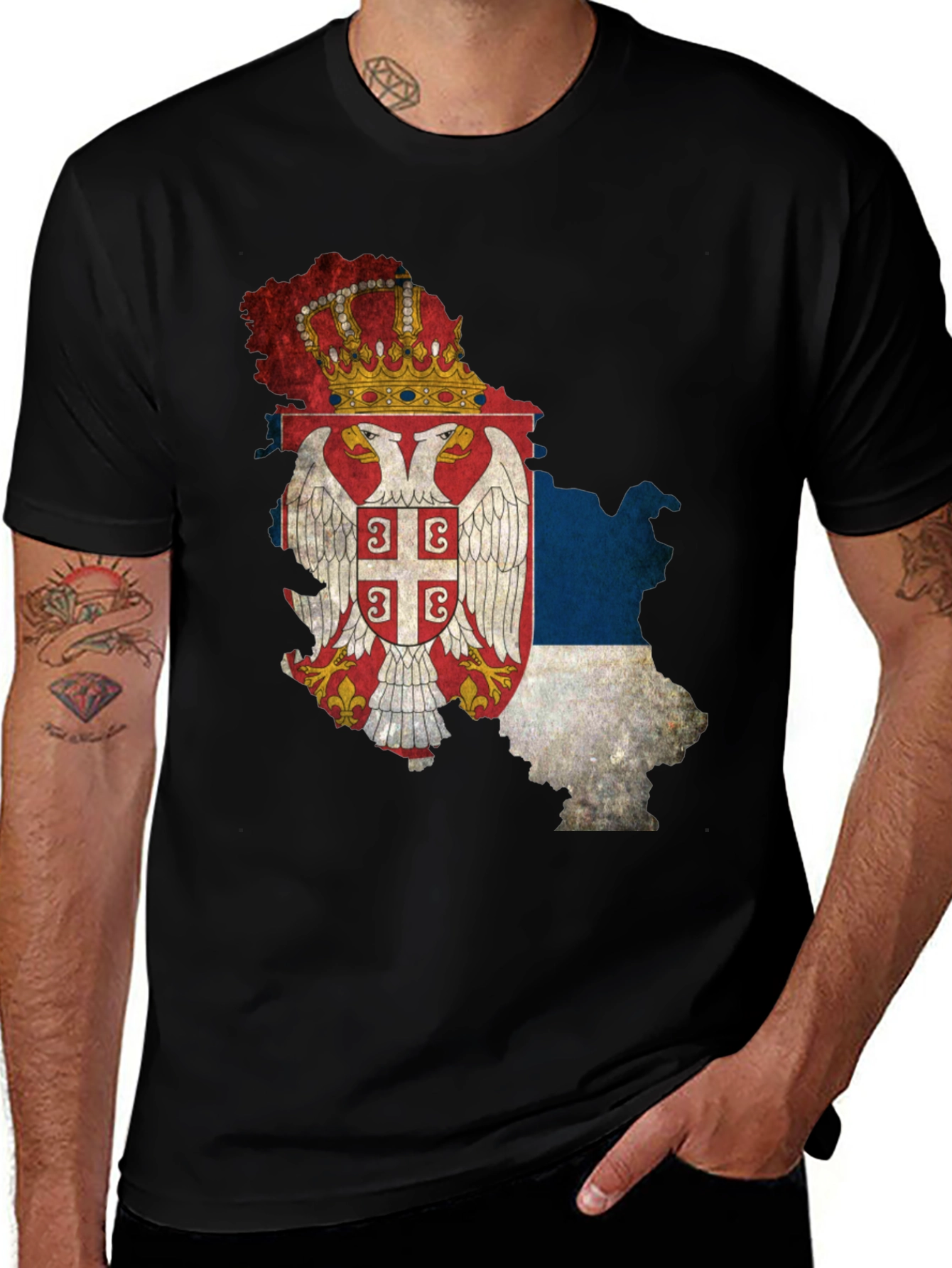 Serbian Flag Map Black T-Shirt