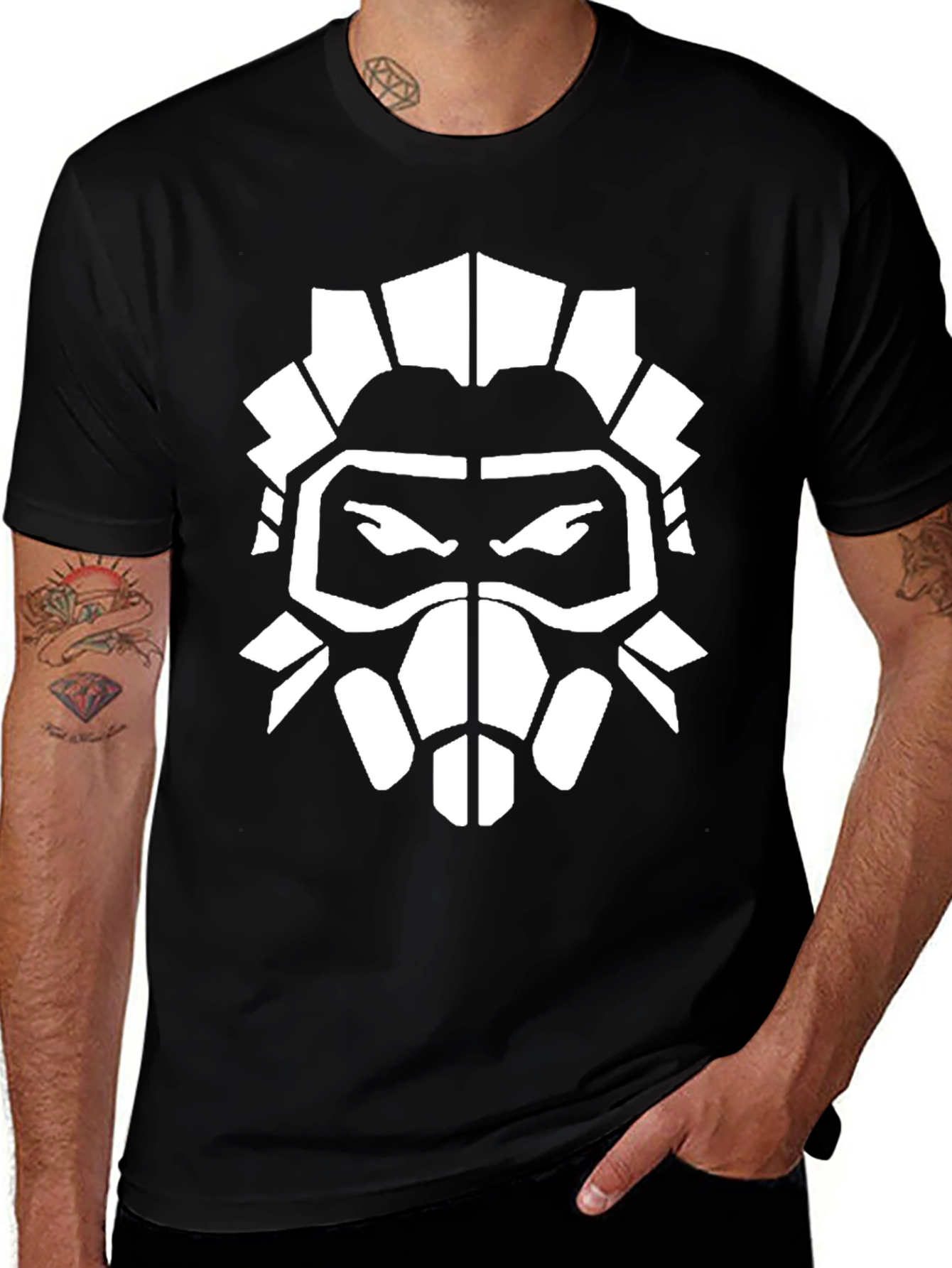 Variant 29 of Black T-Shirt with White Graphic Mask Design