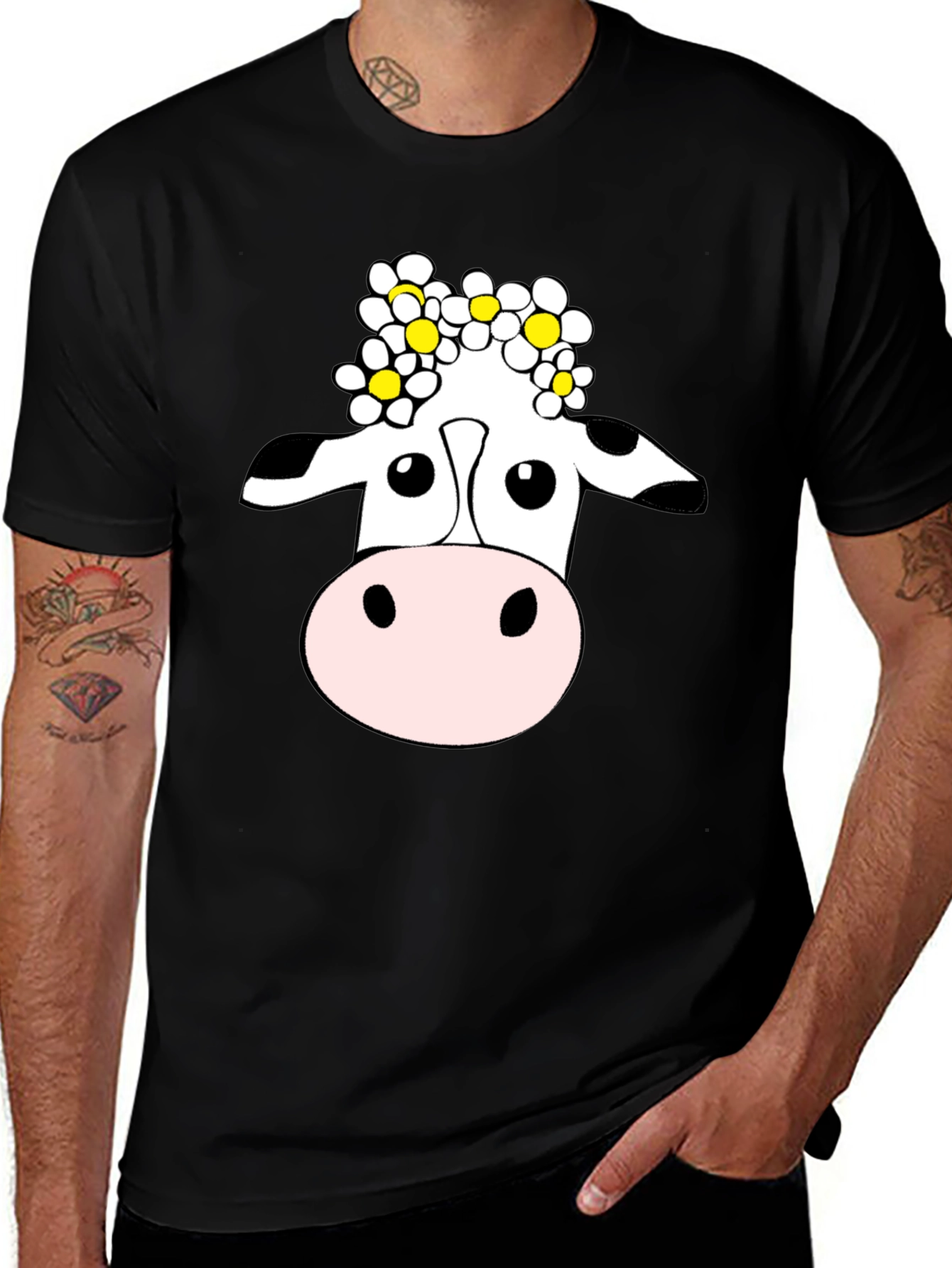 Variant 3 of Cow with Flowers T-Shirt - Black