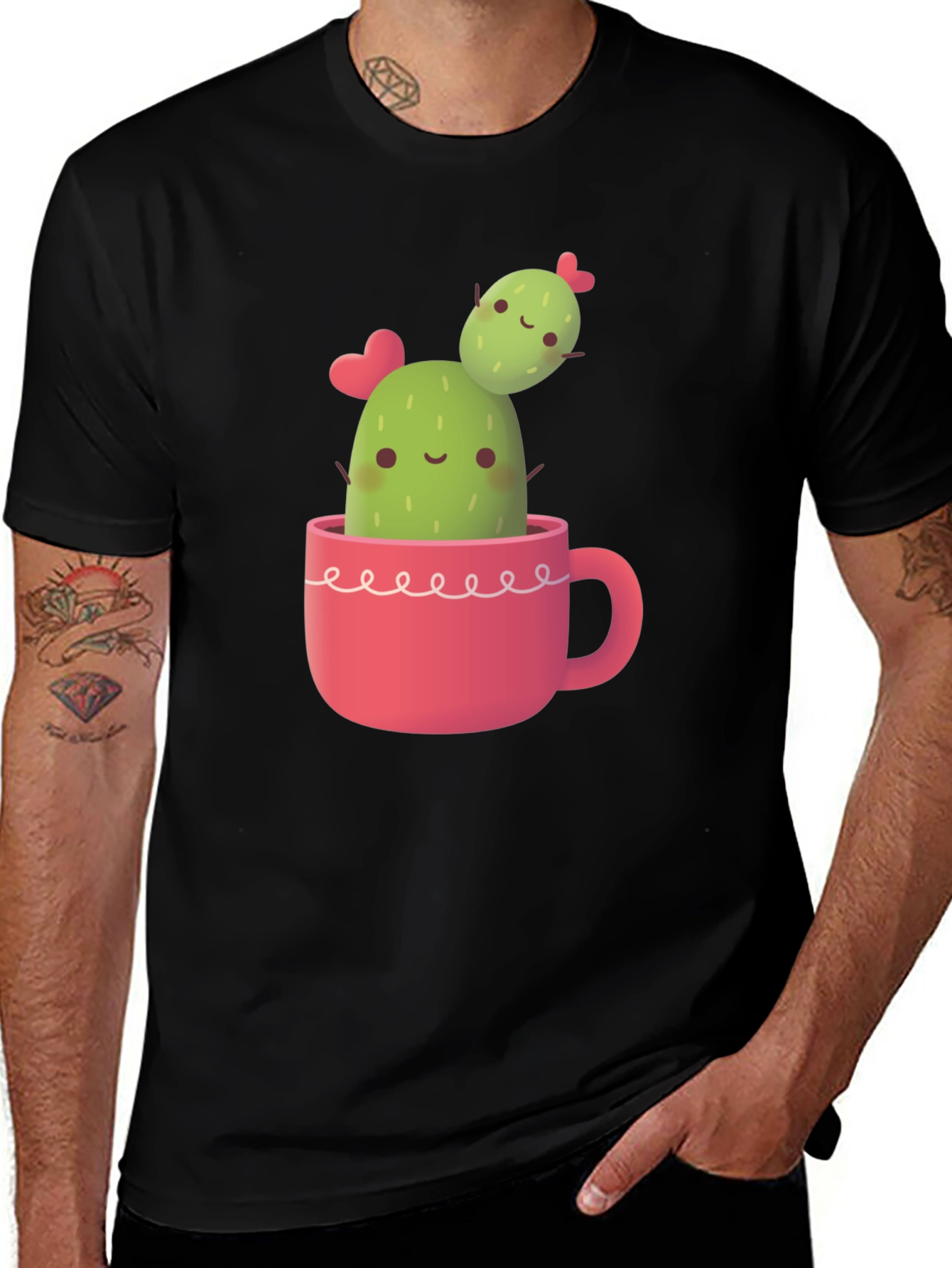 Cute Cactus in Cup Graphic Tee - Black Cotton T-Shirt