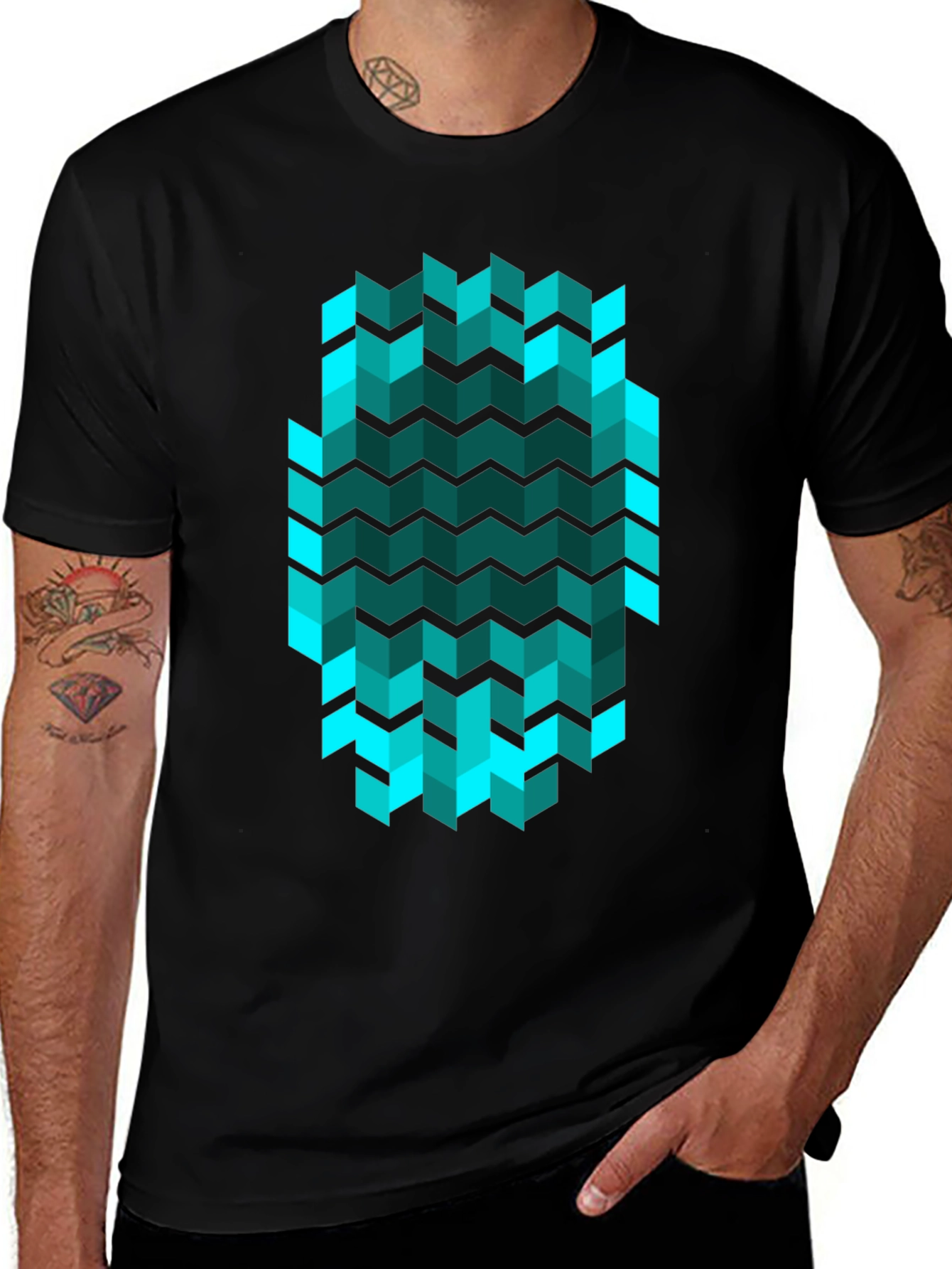 Geometric Chevron Tee - Teal Optical Illusion Print
